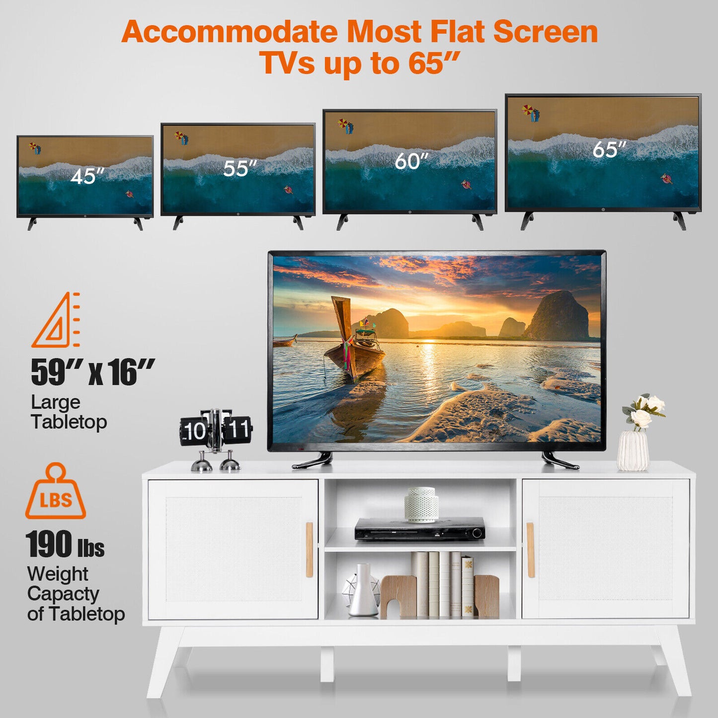 Modern TV Stand with Rattan Cabinets and Open Shelves for TVs up to 65 Inches