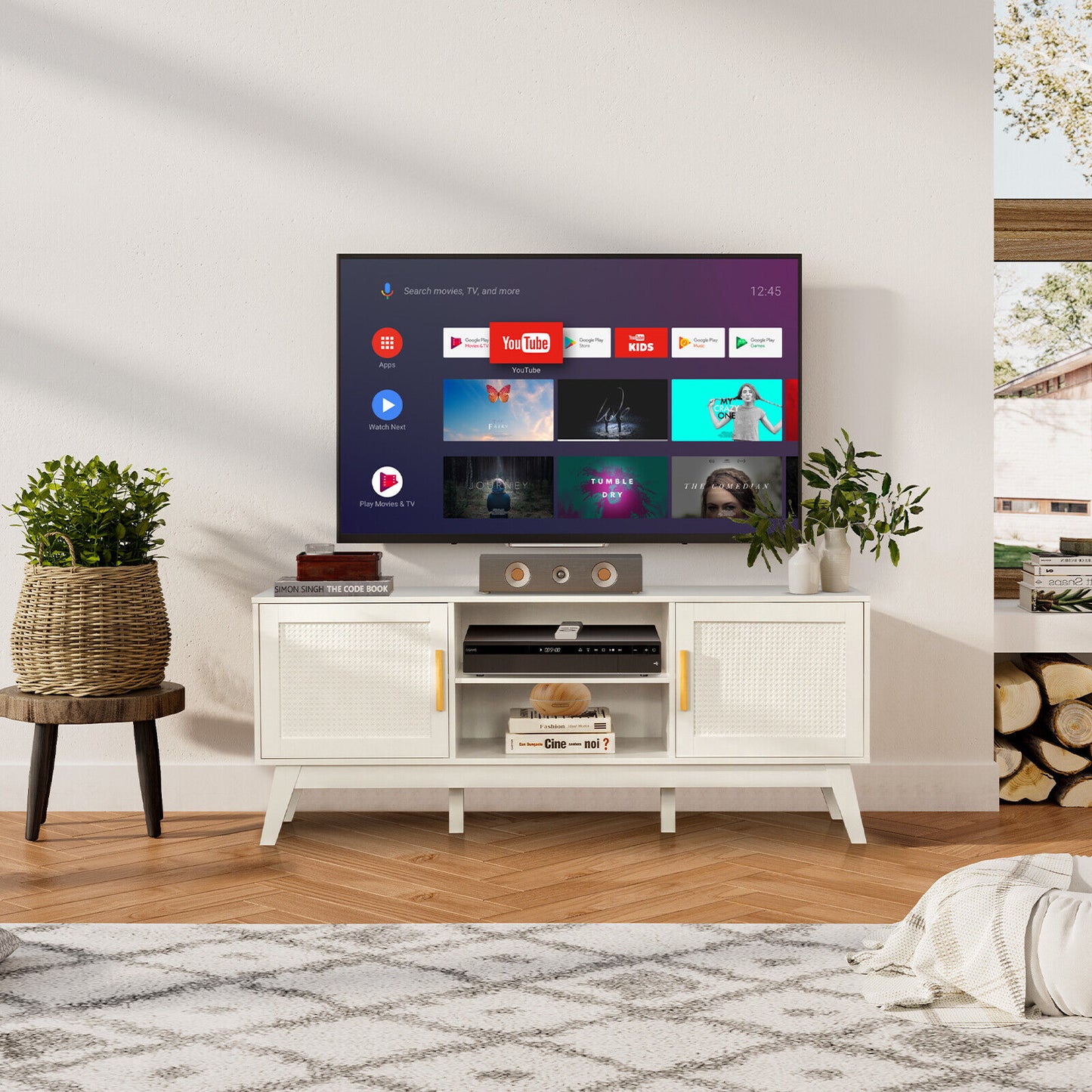 Modern TV Stand with Rattan Cabinets and Open Shelves for TVs up to 65 Inches