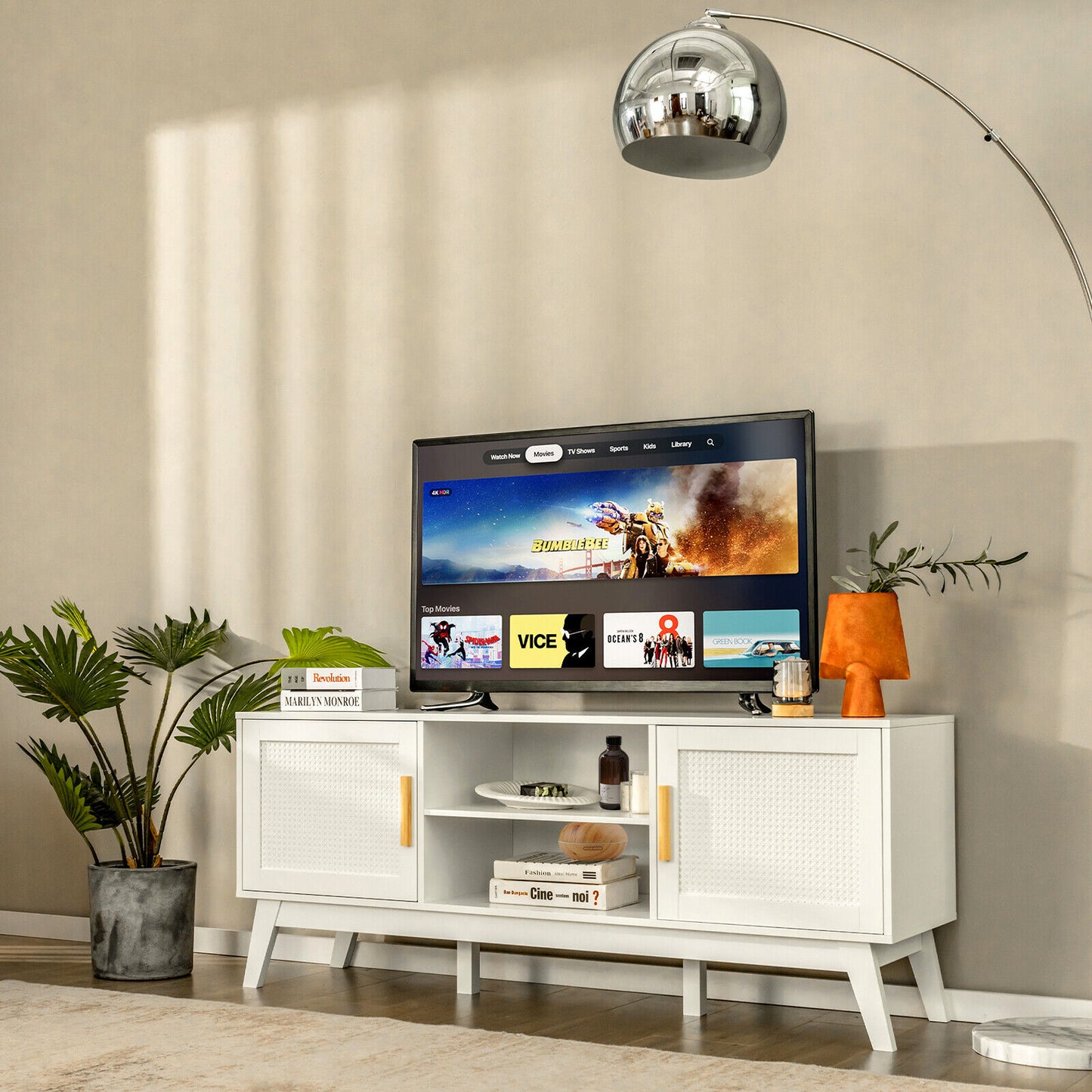 Modern TV Stand with Rattan Cabinets and Open Shelves for TVs up to 65 Inches
