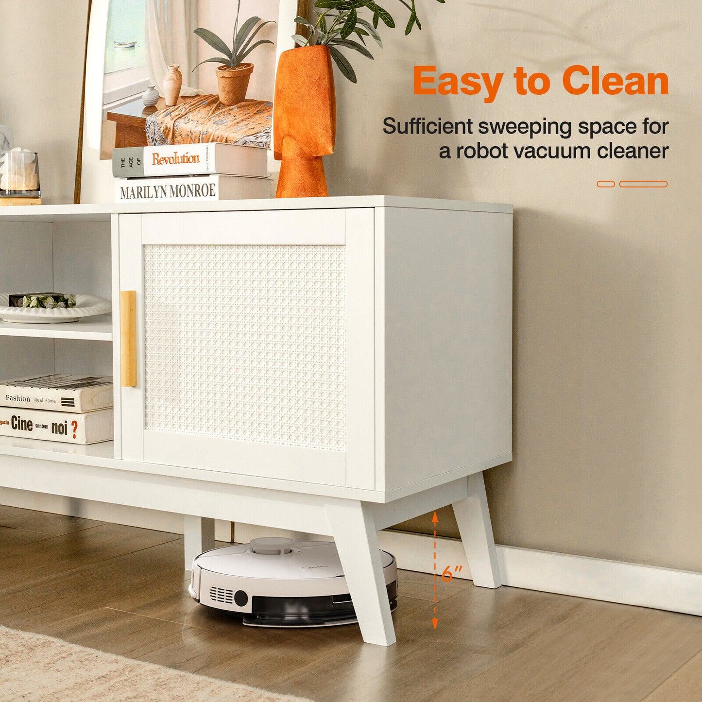 Modern TV Stand with Rattan Cabinets and Open Shelves for TVs up to 65 Inches