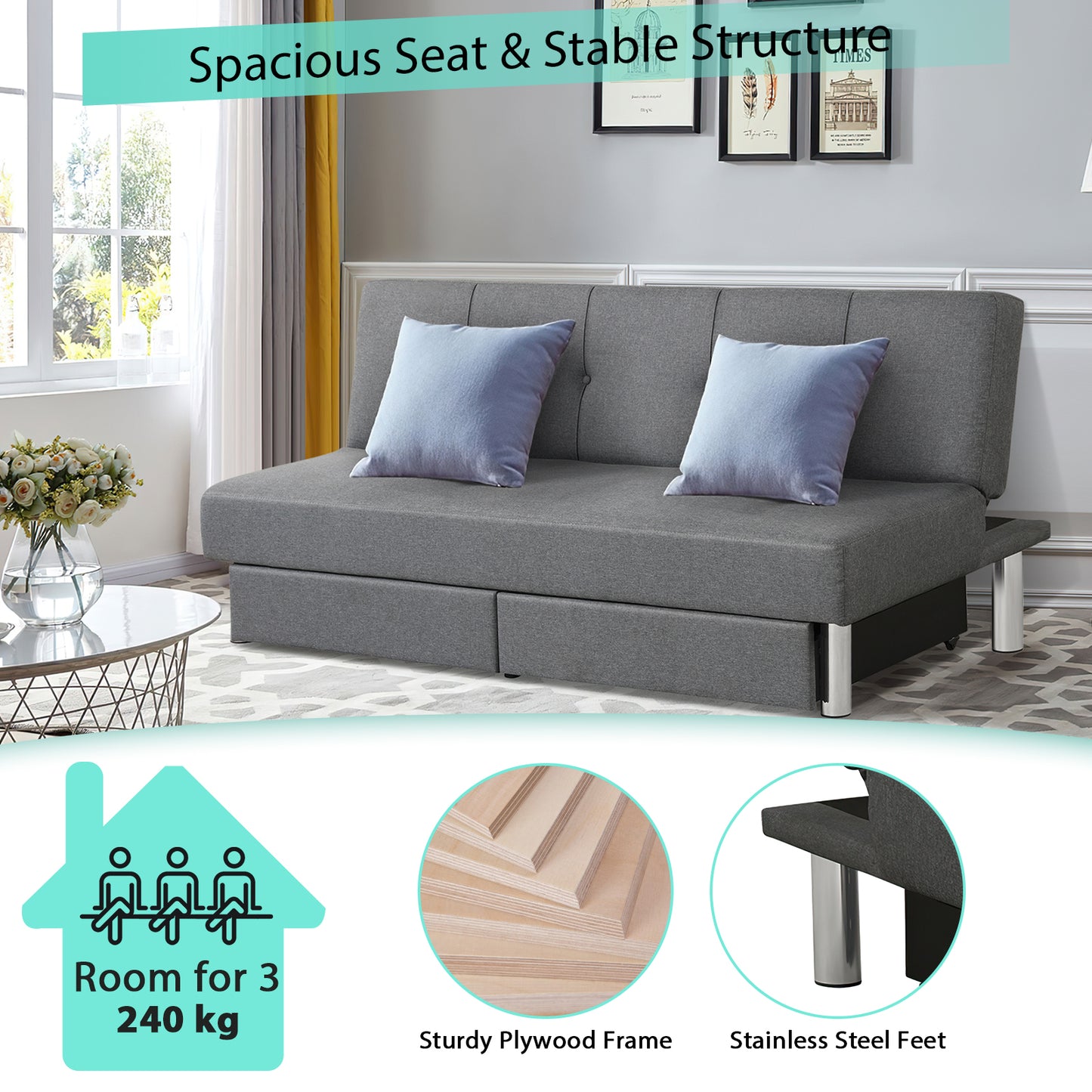 Convertible 3-Seat Sofa Bed with Adjustable Backrest and Two Large Storage Drawers