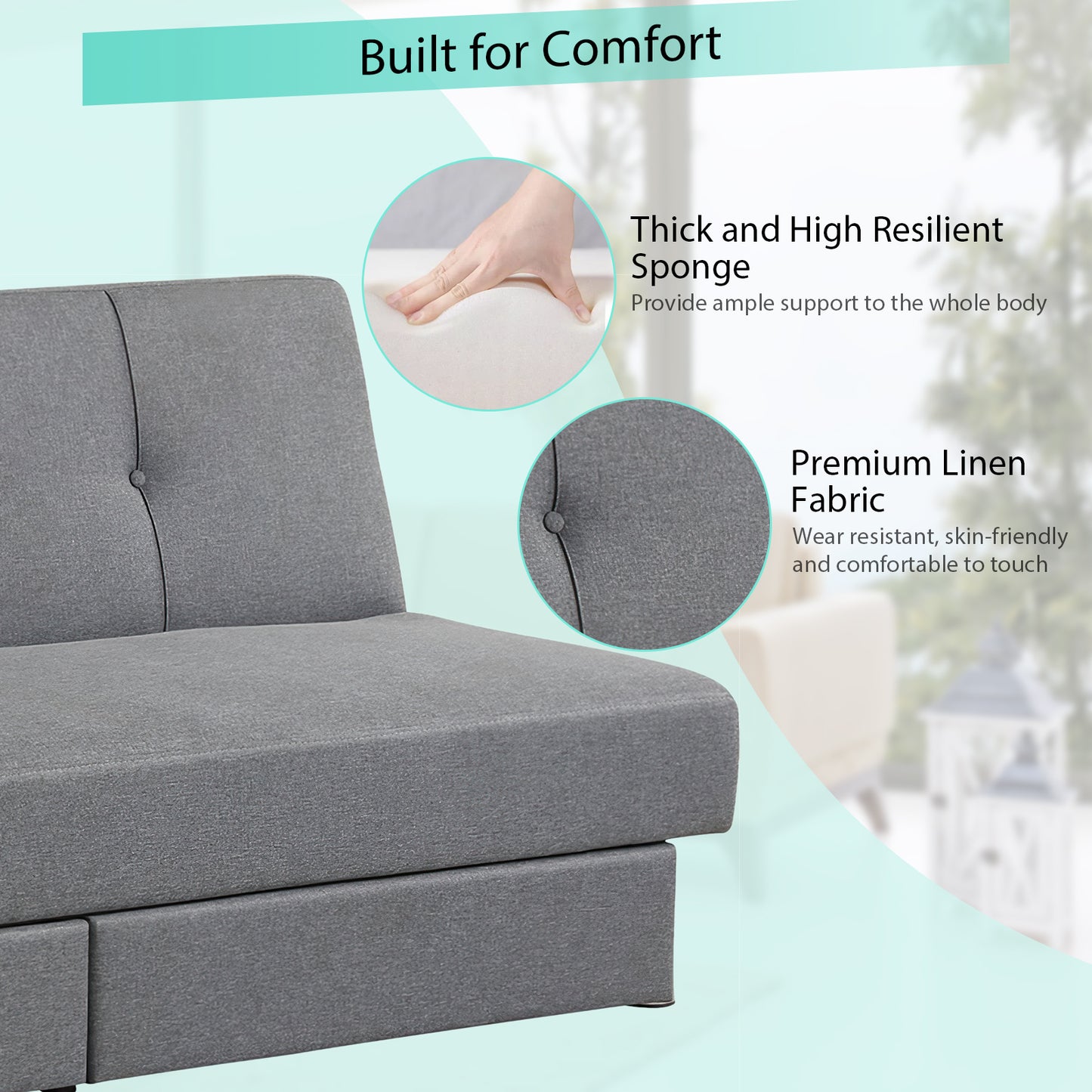 Convertible 3-Seat Sofa Bed with Adjustable Backrest and Two Large Storage Drawers