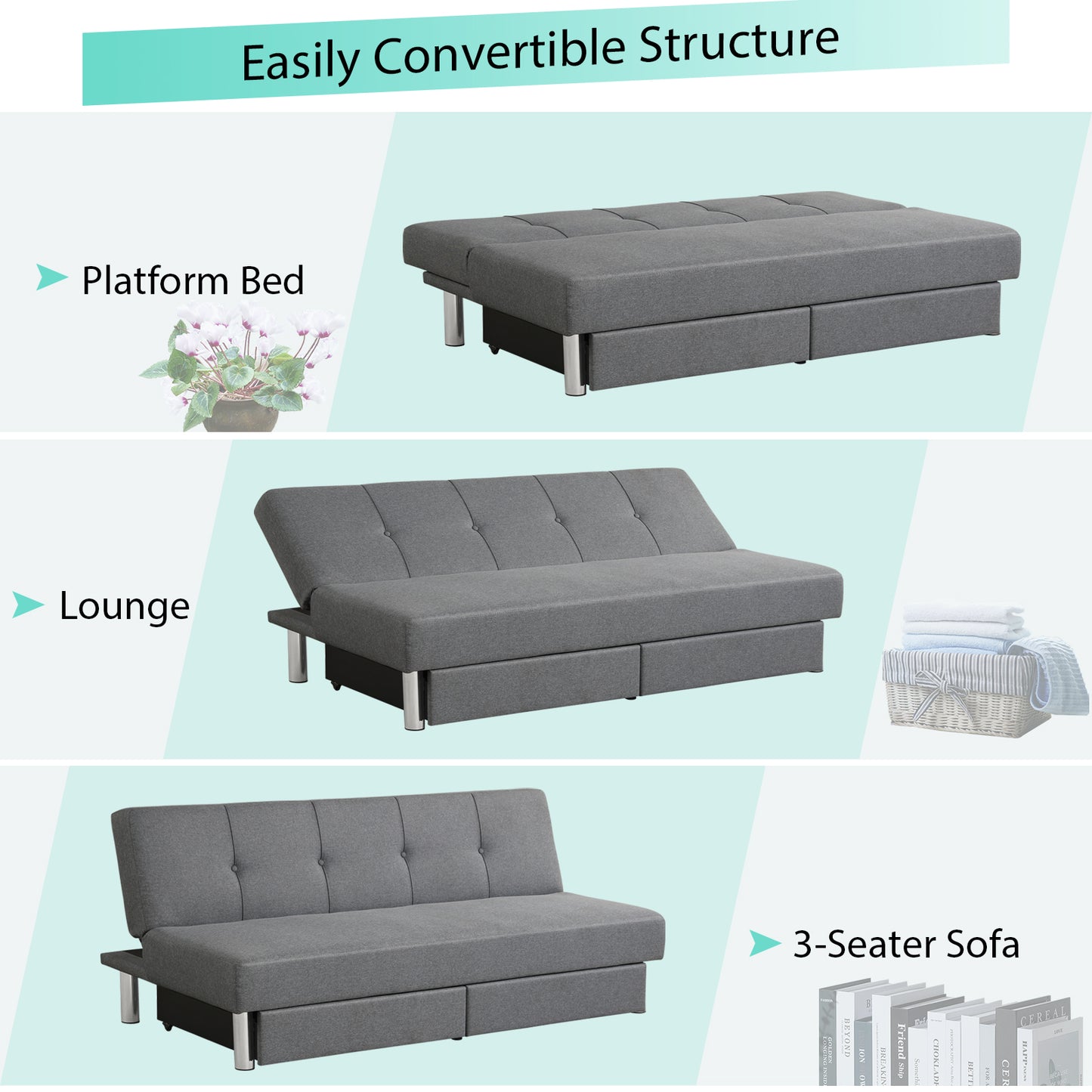 Convertible 3-Seat Sofa Bed with Adjustable Backrest and Two Large Storage Drawers