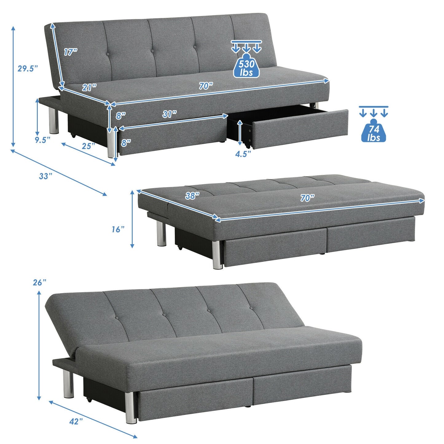 Convertible 3-Seat Sofa Bed with Adjustable Backrest and Two Large Storage Drawers