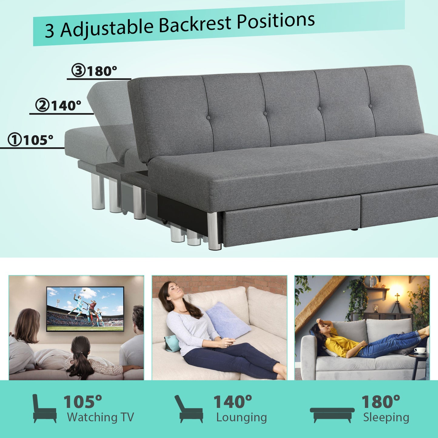 Convertible 3-Seat Sofa Bed with Adjustable Backrest and Two Large Storage Drawers