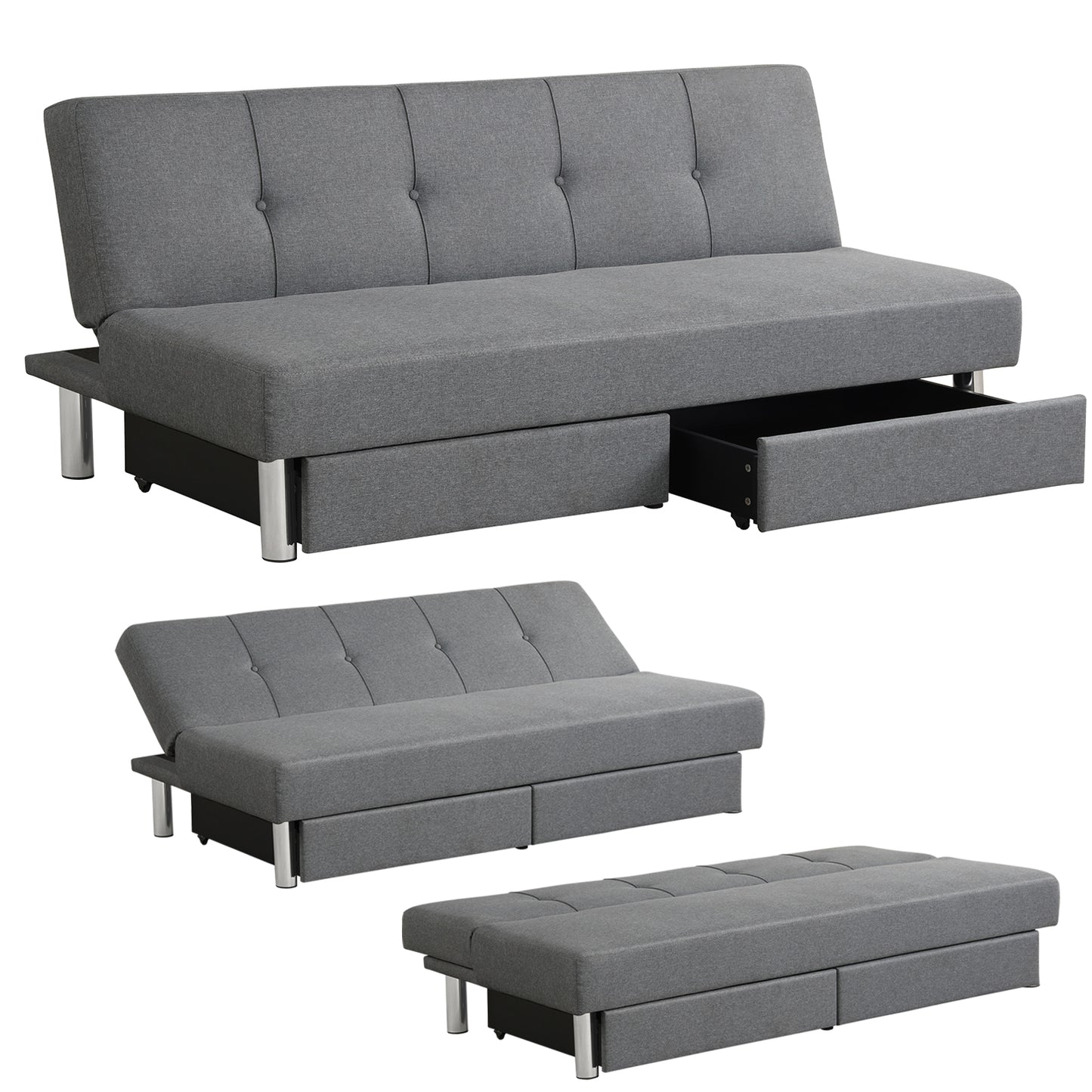 Convertible 3-Seat Sofa Bed with Adjustable Backrest and Two Large Storage Drawers