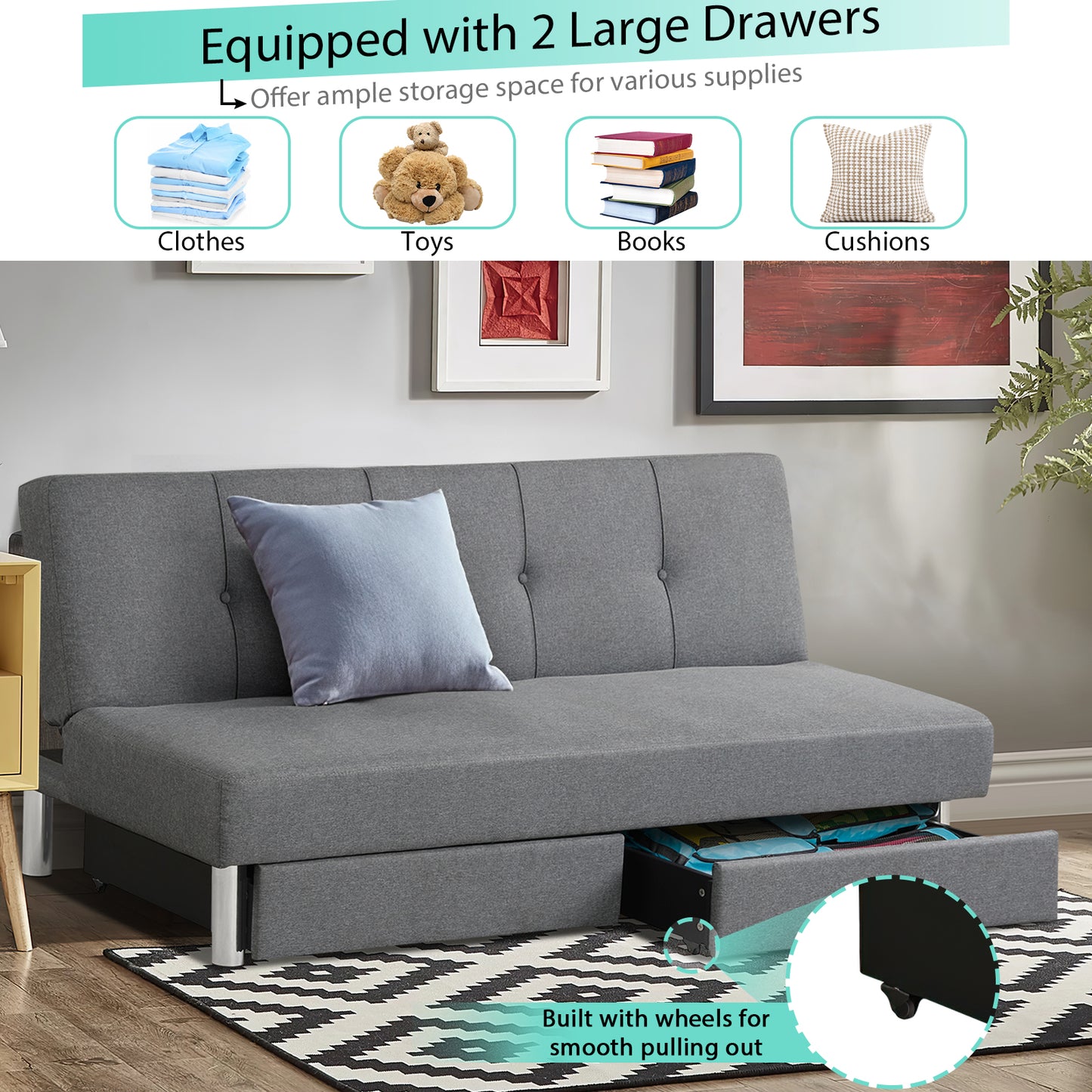 Convertible 3-Seat Sofa Bed with Adjustable Backrest and Two Large Storage Drawers