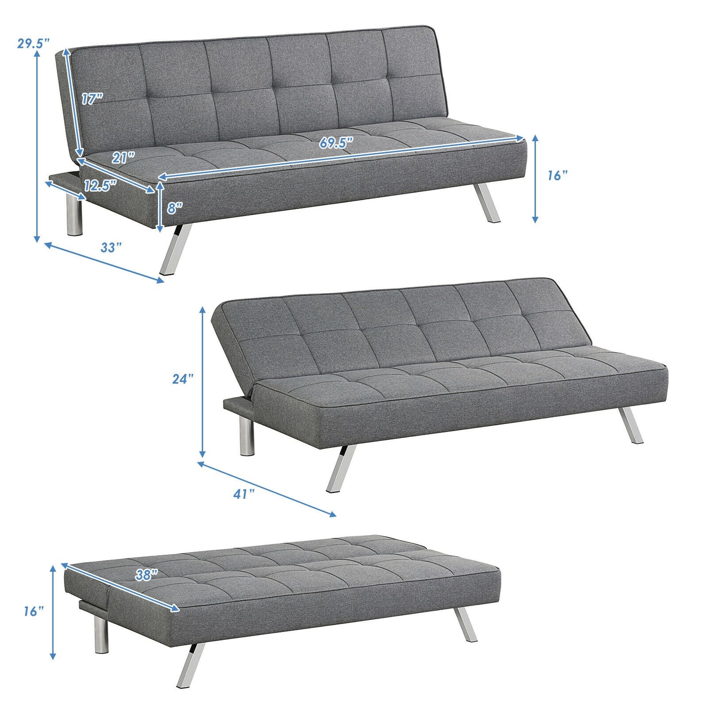 3-in-1 Convertible Linen Sofa Bed with Adjustable Backrest and High-Density Cushions