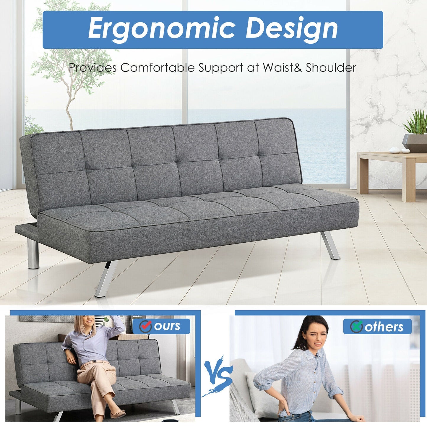 3-in-1 Convertible Linen Sofa Bed with Adjustable Backrest and High-Density Cushions