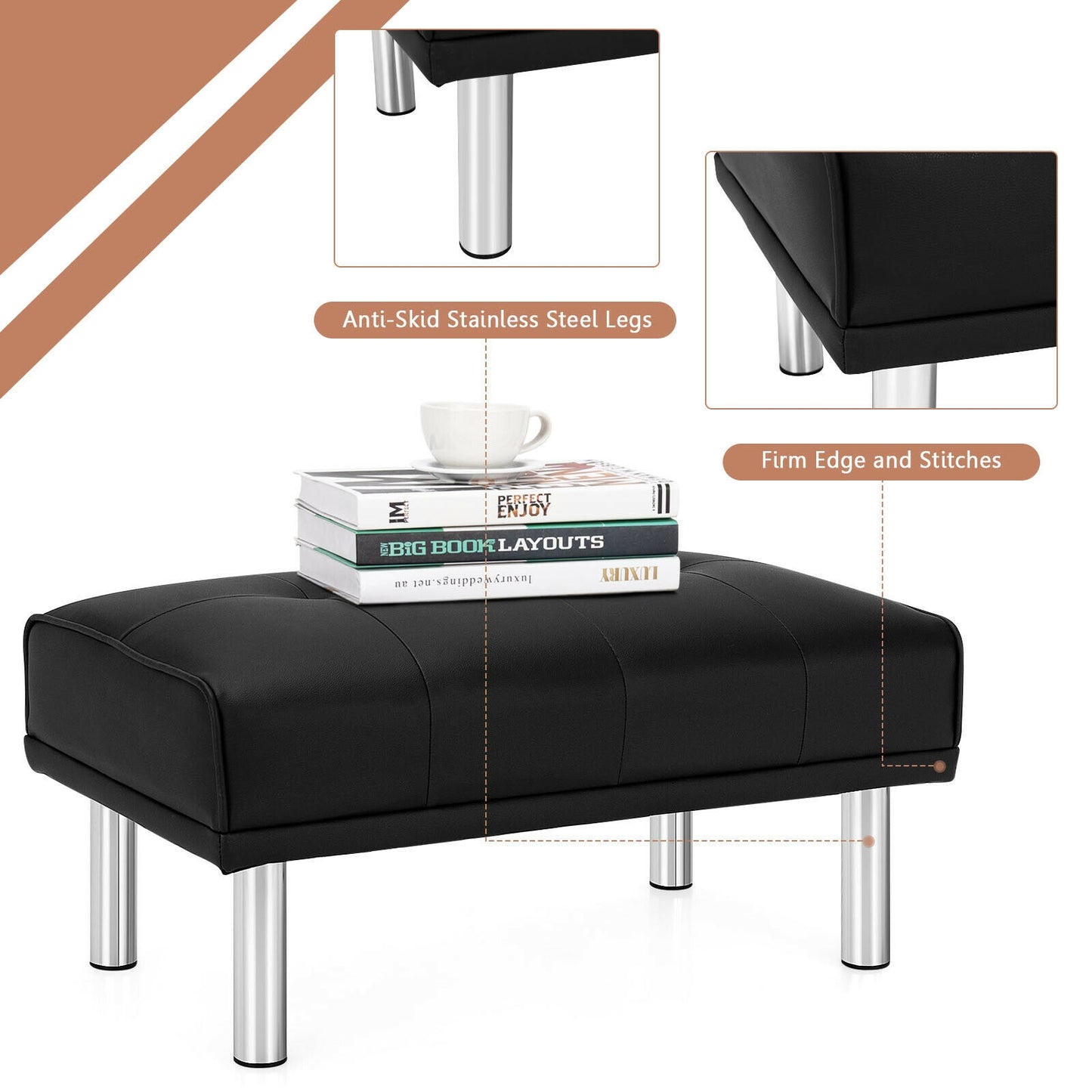 Tufted Faux Leather Bench Ottoman with Stainless Steel Legs and Padded Seat in Black