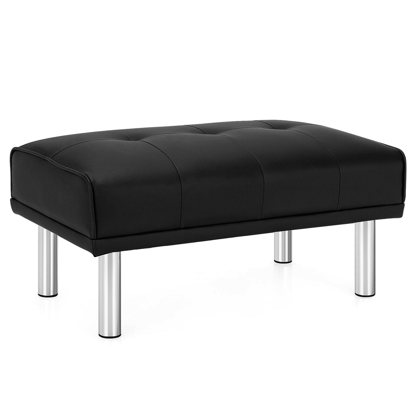 Tufted Faux Leather Bench Ottoman with Stainless Steel Legs and Padded Seat in Black
