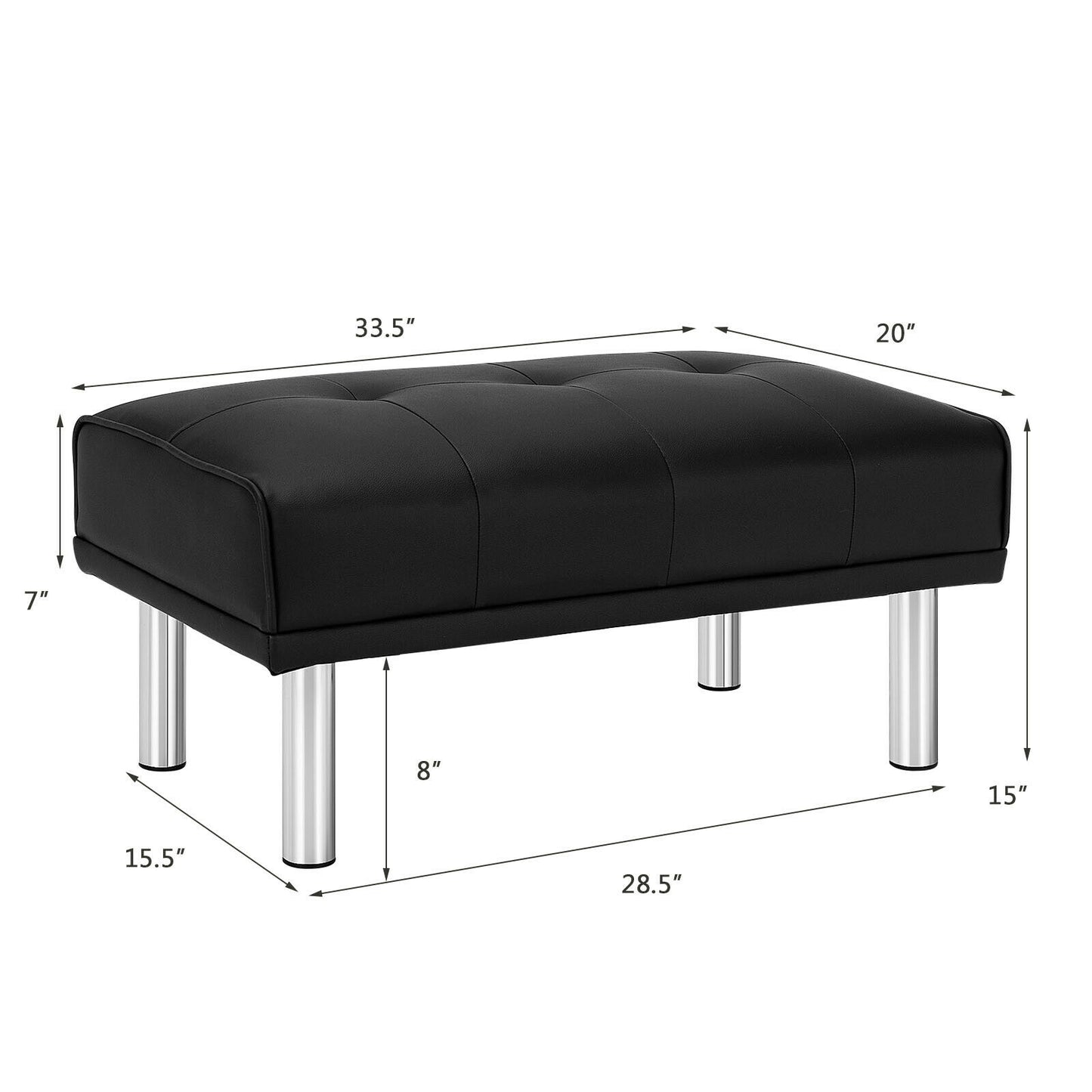 Tufted Faux Leather Bench Ottoman with Stainless Steel Legs and Padded Seat in Black