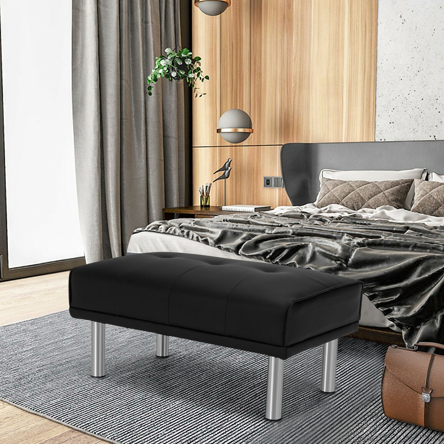 Tufted Faux Leather Bench Ottoman with Stainless Steel Legs and Padded Seat in Black
