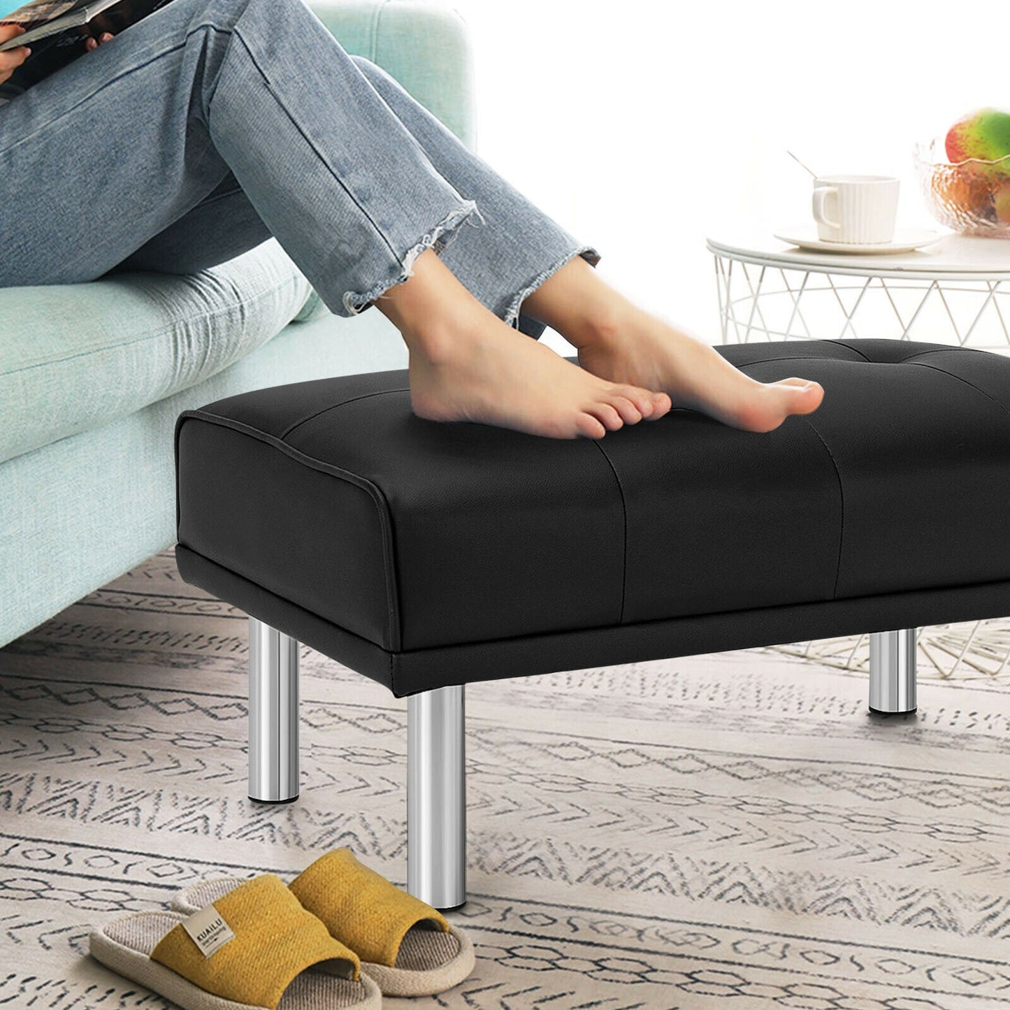 Tufted Faux Leather Bench Ottoman with Stainless Steel Legs and Padded Seat in Black