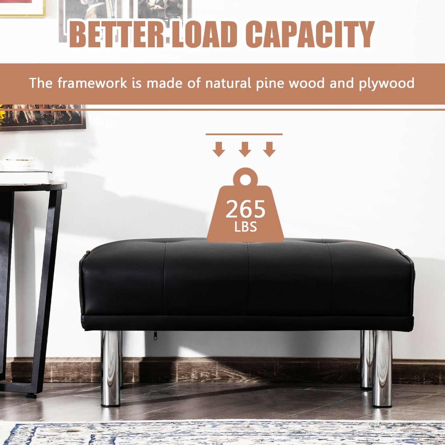 Tufted Faux Leather Bench Ottoman with Stainless Steel Legs and Padded Seat in Black