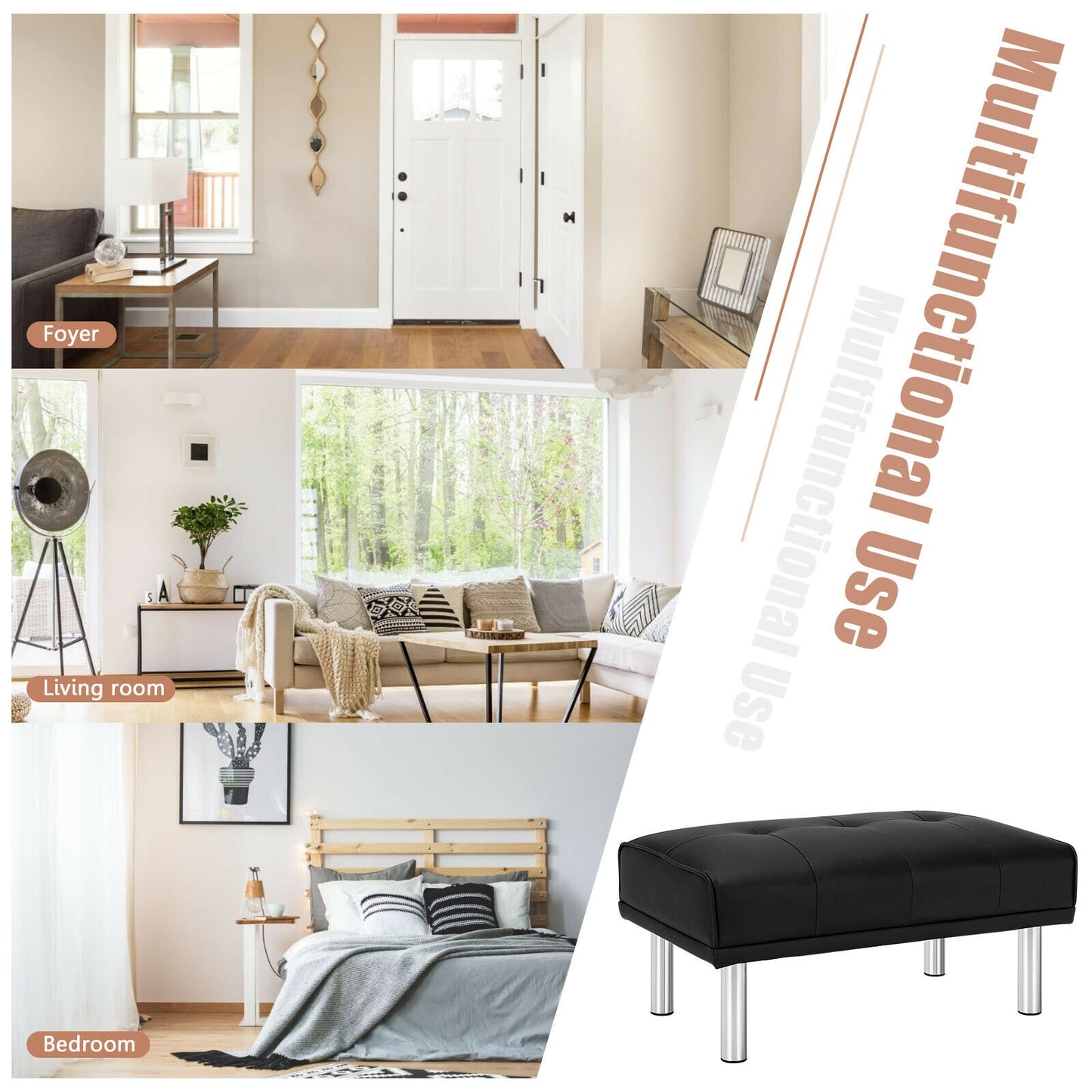 Tufted Faux Leather Bench Ottoman with Stainless Steel Legs and Padded Seat in Black