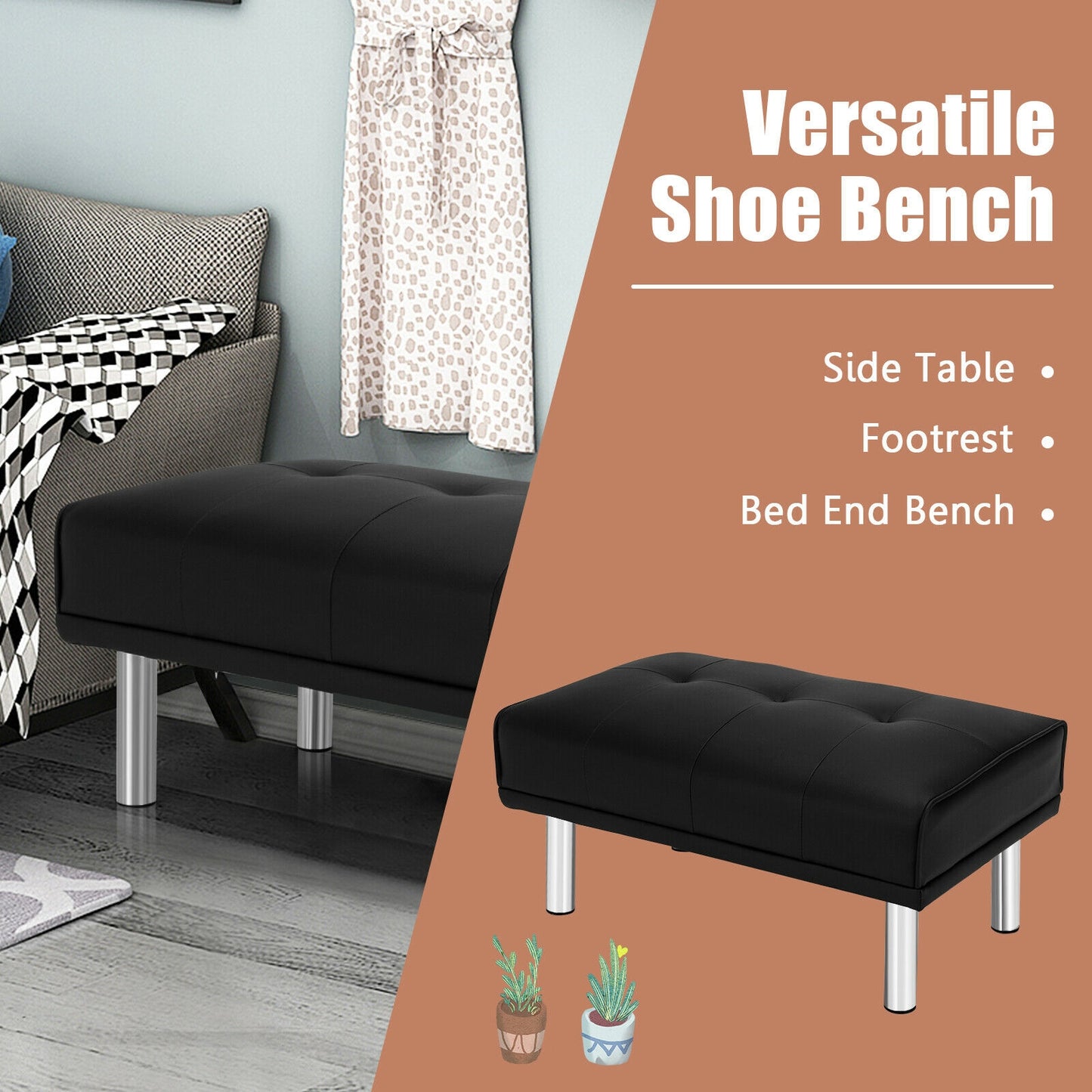 Tufted Faux Leather Bench Ottoman with Stainless Steel Legs and Padded Seat in Black