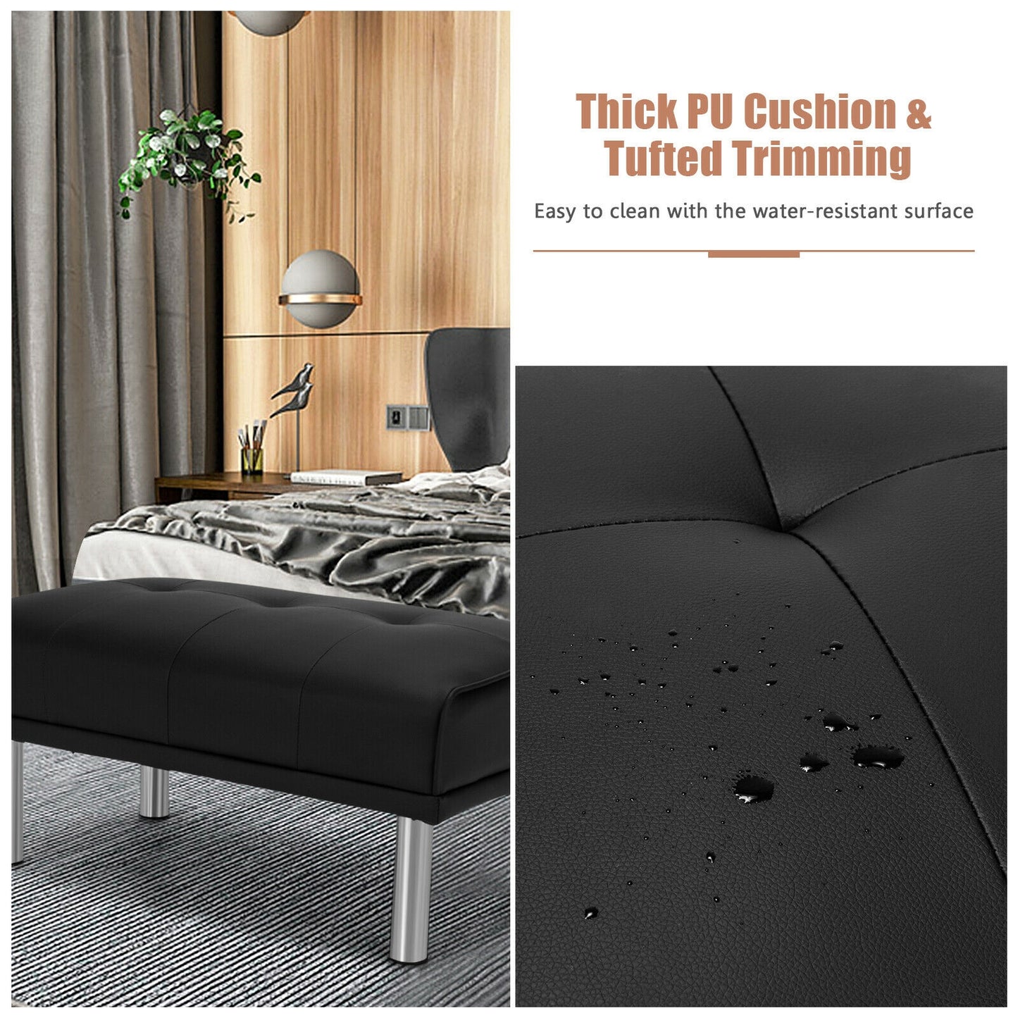Tufted Faux Leather Bench Ottoman with Stainless Steel Legs and Padded Seat in Black