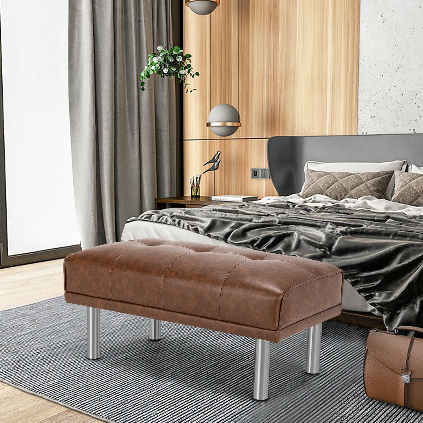 Tufted Faux Leather Bench Ottoman with Stainless Steel Legs and Padded Seat in Brown