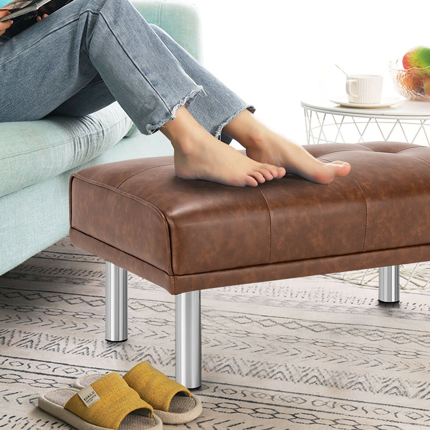 Tufted Faux Leather Bench Ottoman with Stainless Steel Legs and Padded Seat in Brown