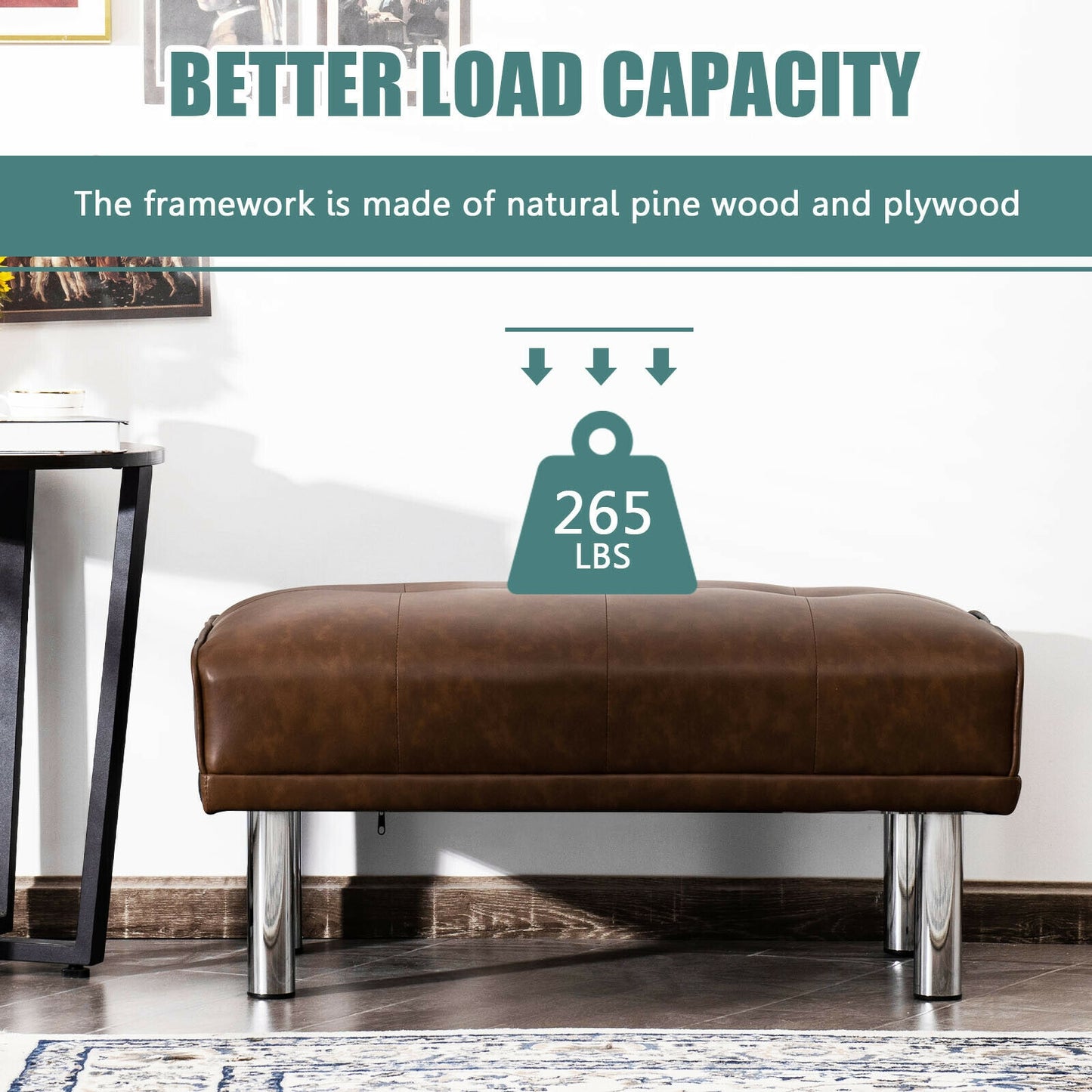 Tufted Faux Leather Bench Ottoman with Stainless Steel Legs and Padded Seat in Brown