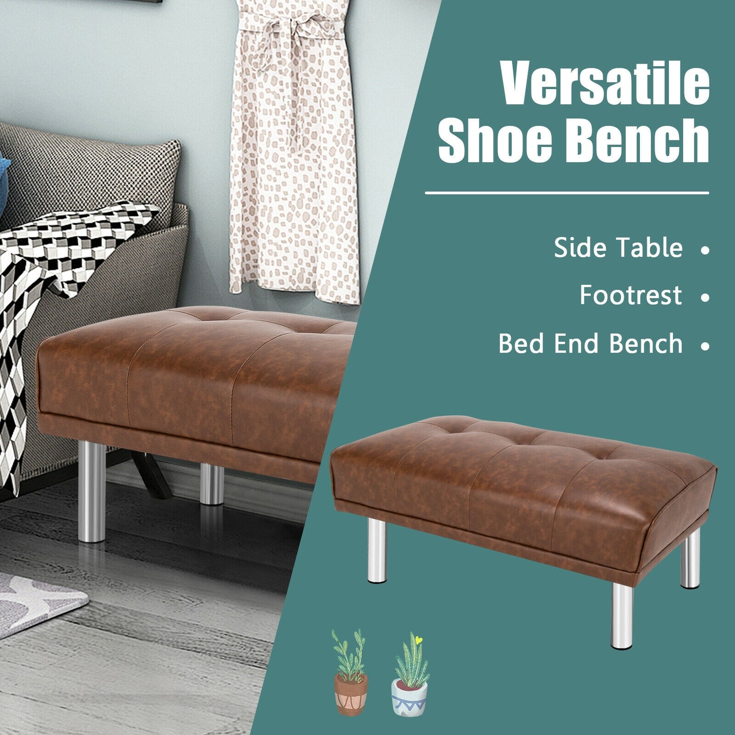 Tufted Faux Leather Bench Ottoman with Stainless Steel Legs and Padded Seat in Brown