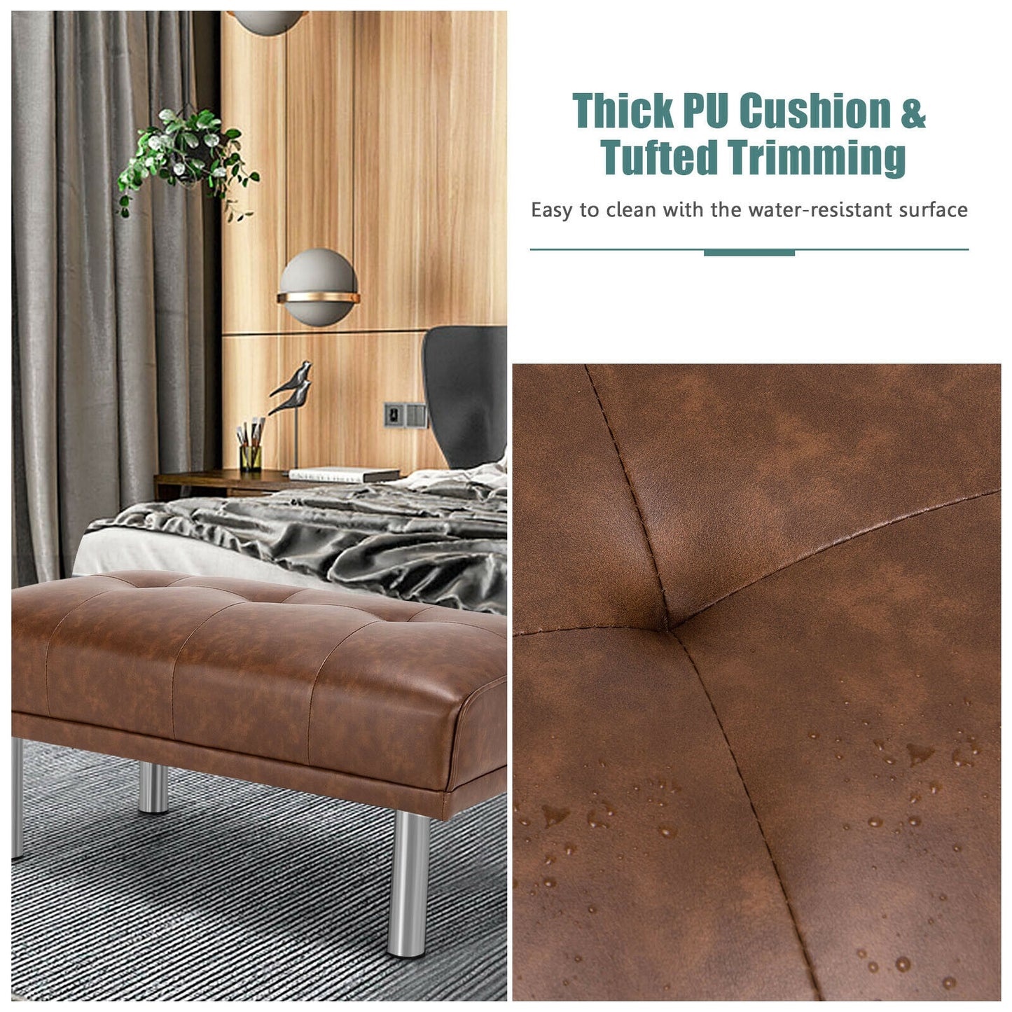 Tufted Faux Leather Bench Ottoman with Stainless Steel Legs and Padded Seat in Brown