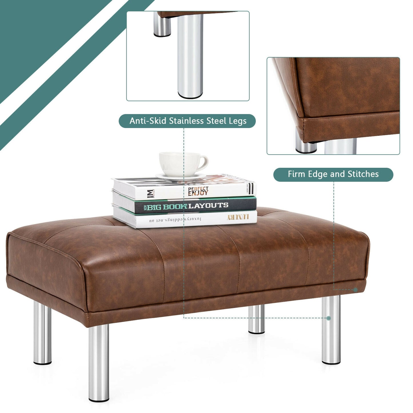 Tufted Faux Leather Bench Ottoman with Stainless Steel Legs and Padded Seat in Brown