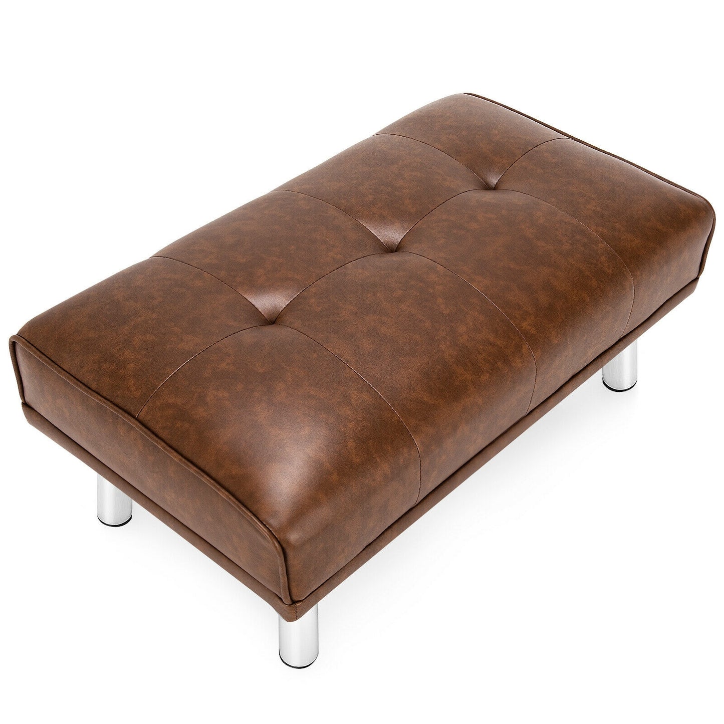 Tufted Faux Leather Bench Ottoman with Stainless Steel Legs and Padded Seat in Brown