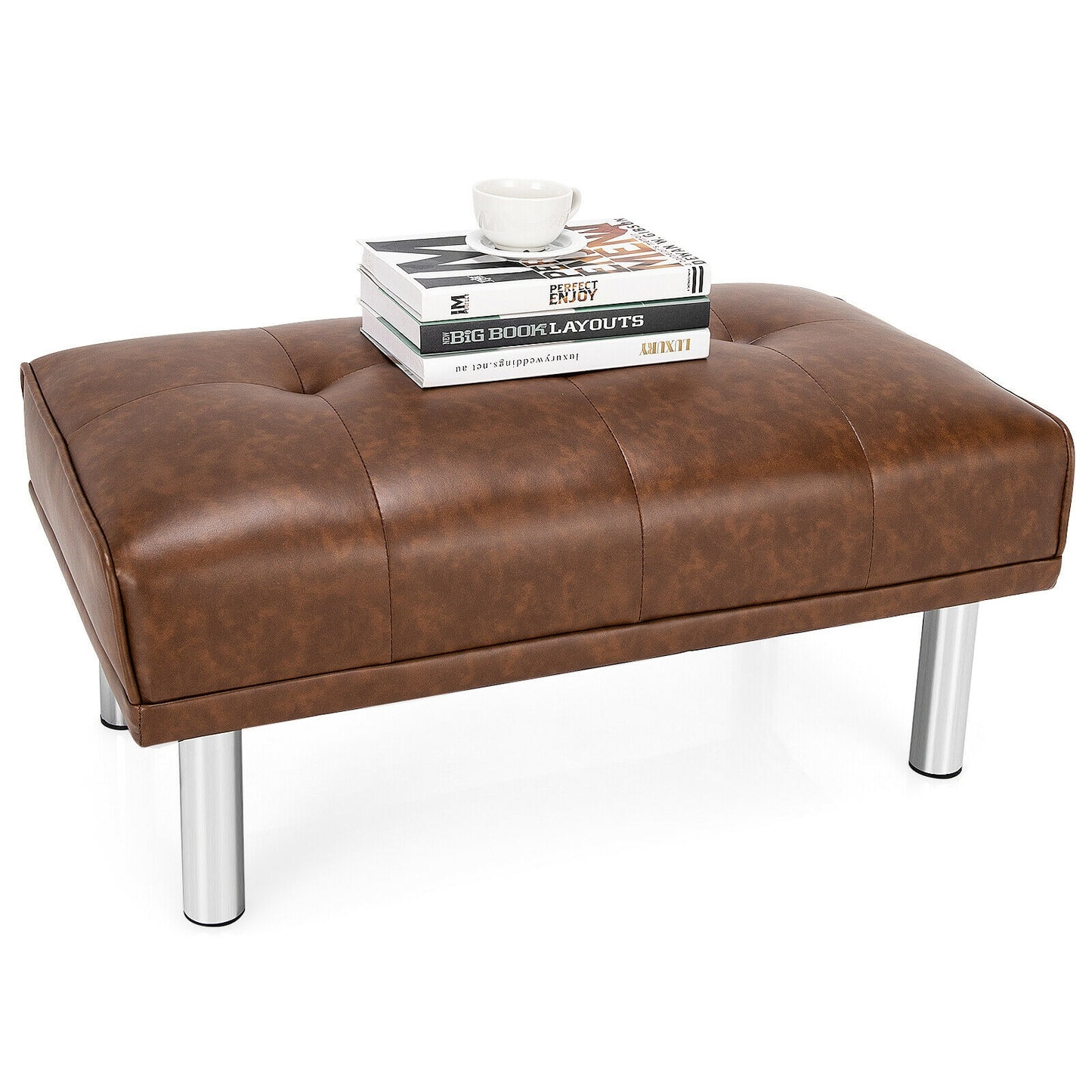 Tufted Faux Leather Bench Ottoman with Stainless Steel Legs and Padded Seat in Brown