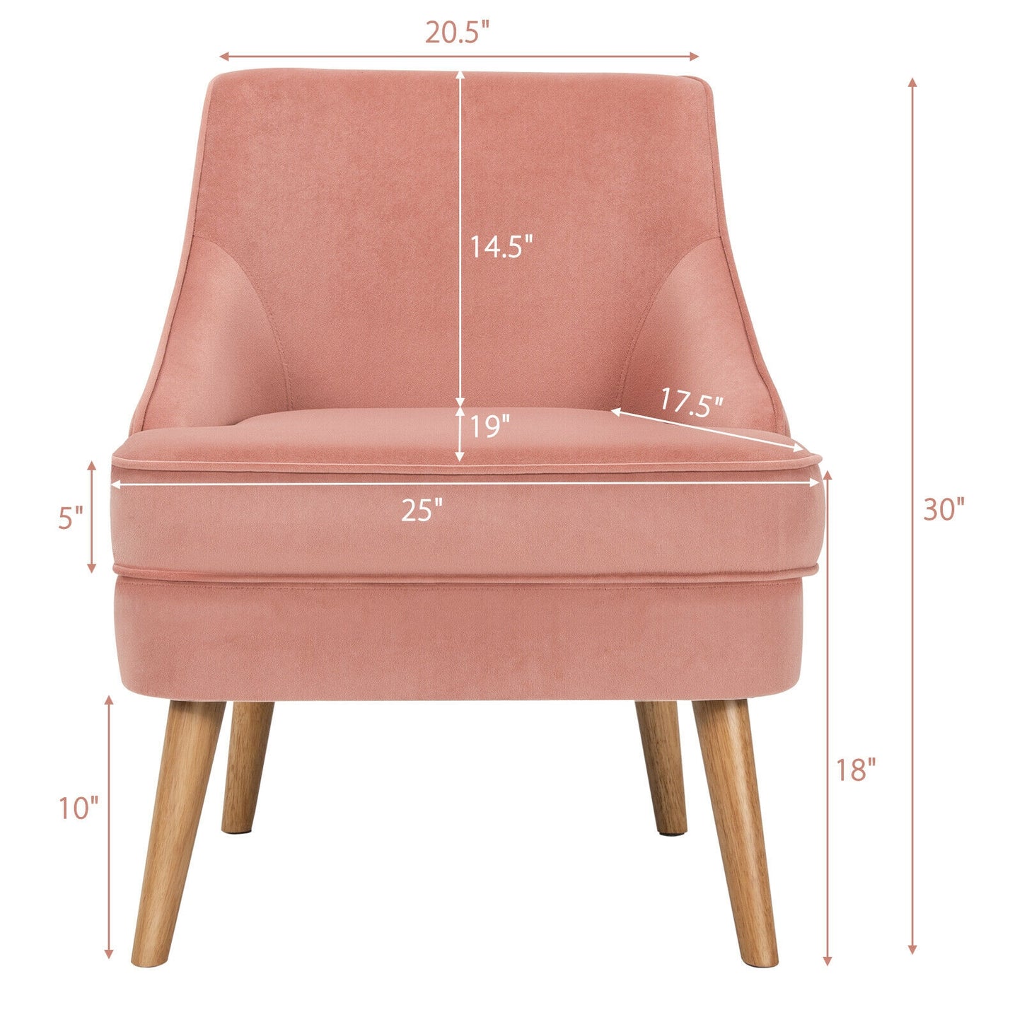 Modern Upholstered Armchair with Ergonomic Backrest and Wood Legs - Pink