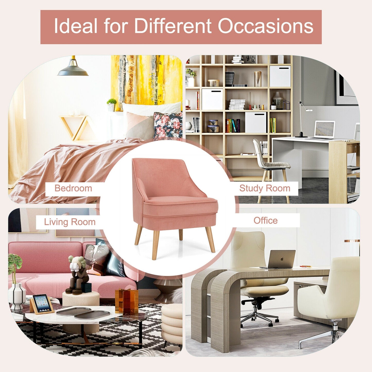 Modern Upholstered Armchair with Ergonomic Backrest and Wood Legs - Pink
