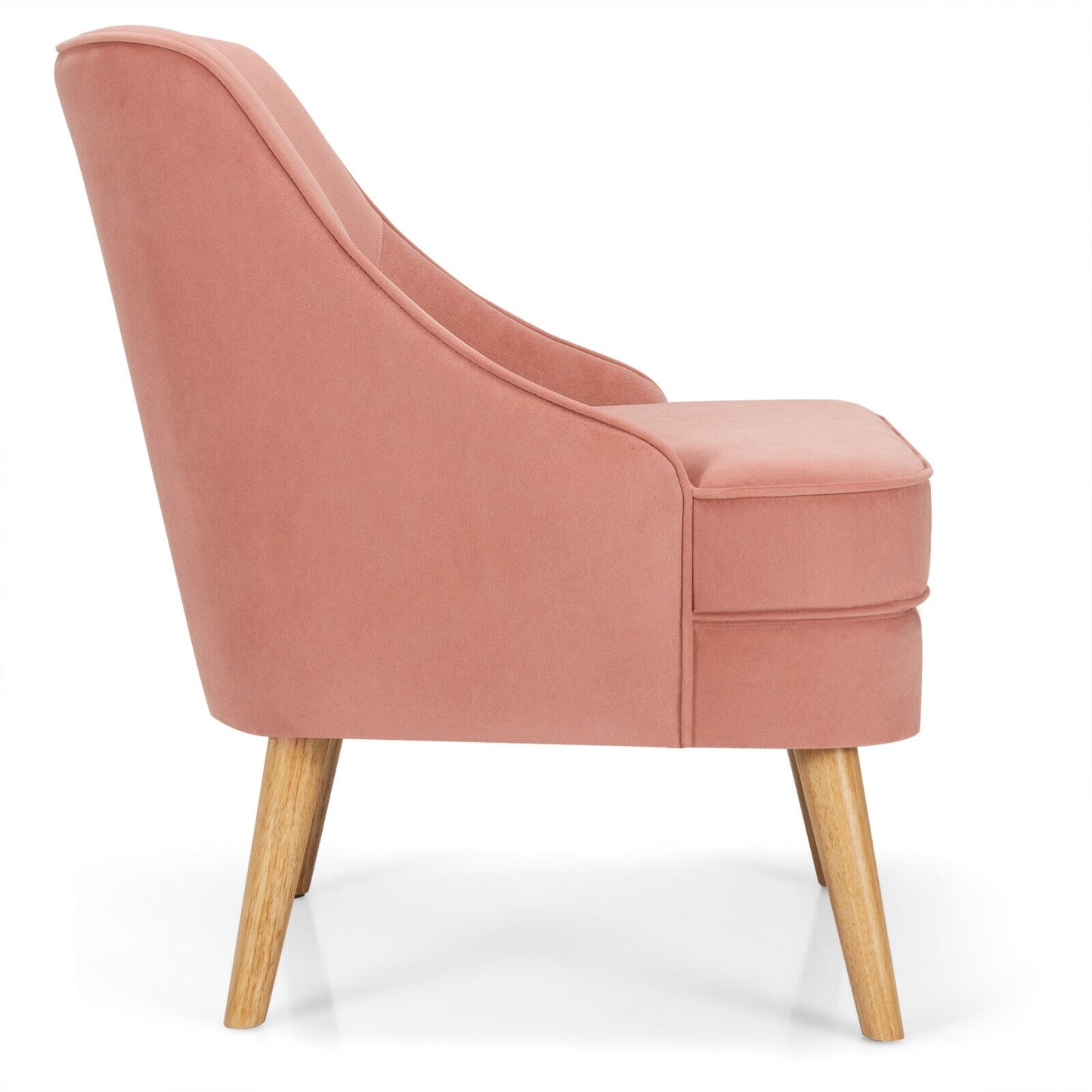 Modern Upholstered Armchair with Ergonomic Backrest and Wood Legs - Pink