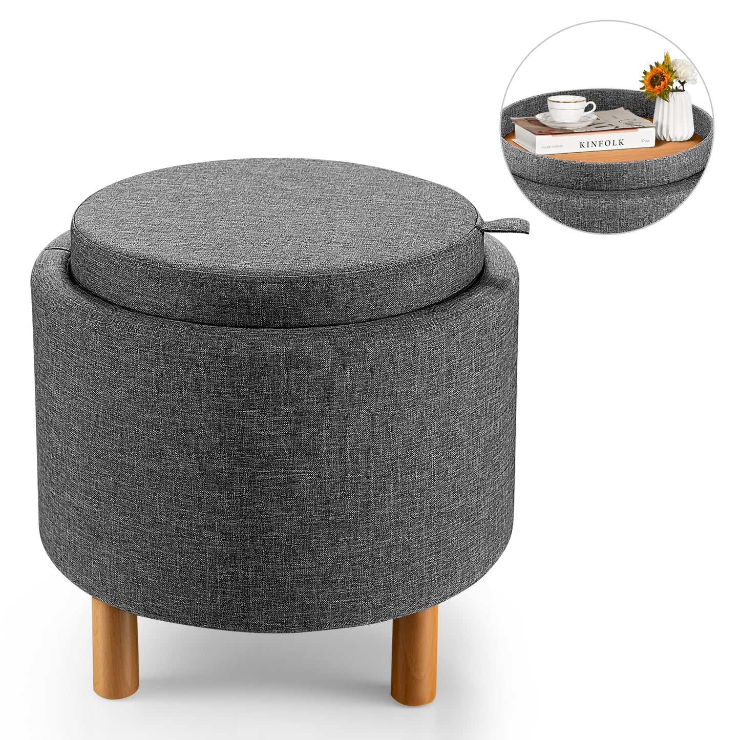 Multifunctional Round Ottoman with Storage and Tray Table Top - Grey