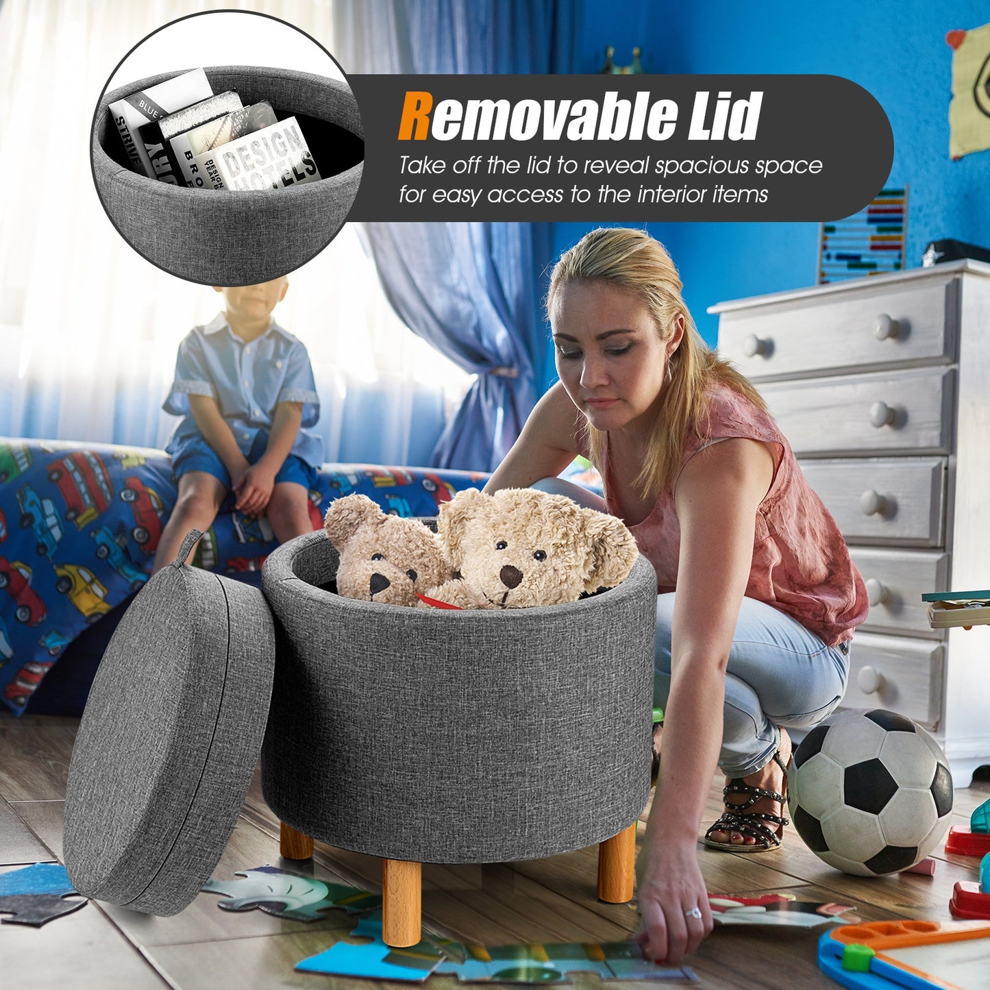Multifunctional Round Ottoman with Storage and Tray Table Top - Grey