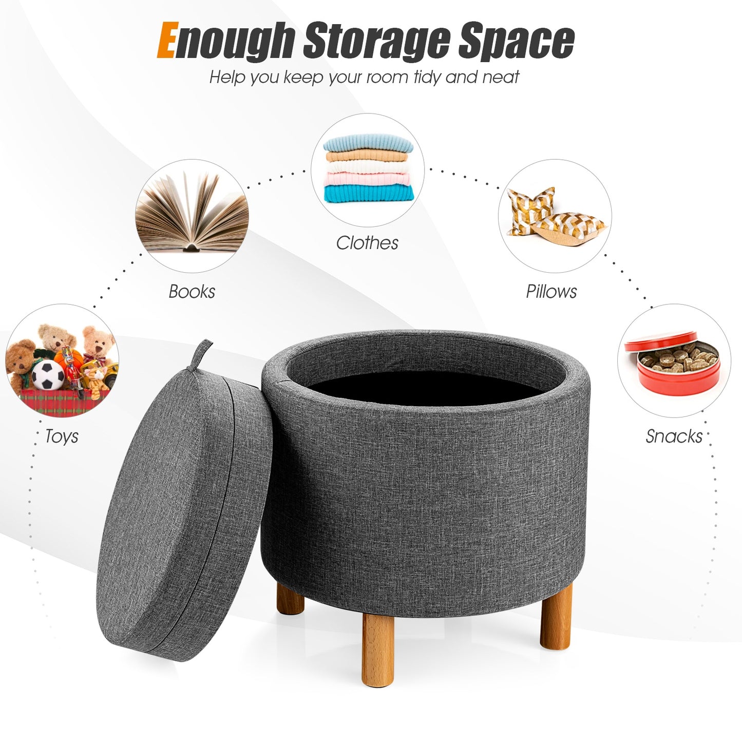 Multifunctional Round Ottoman with Storage and Tray Table Top - Grey