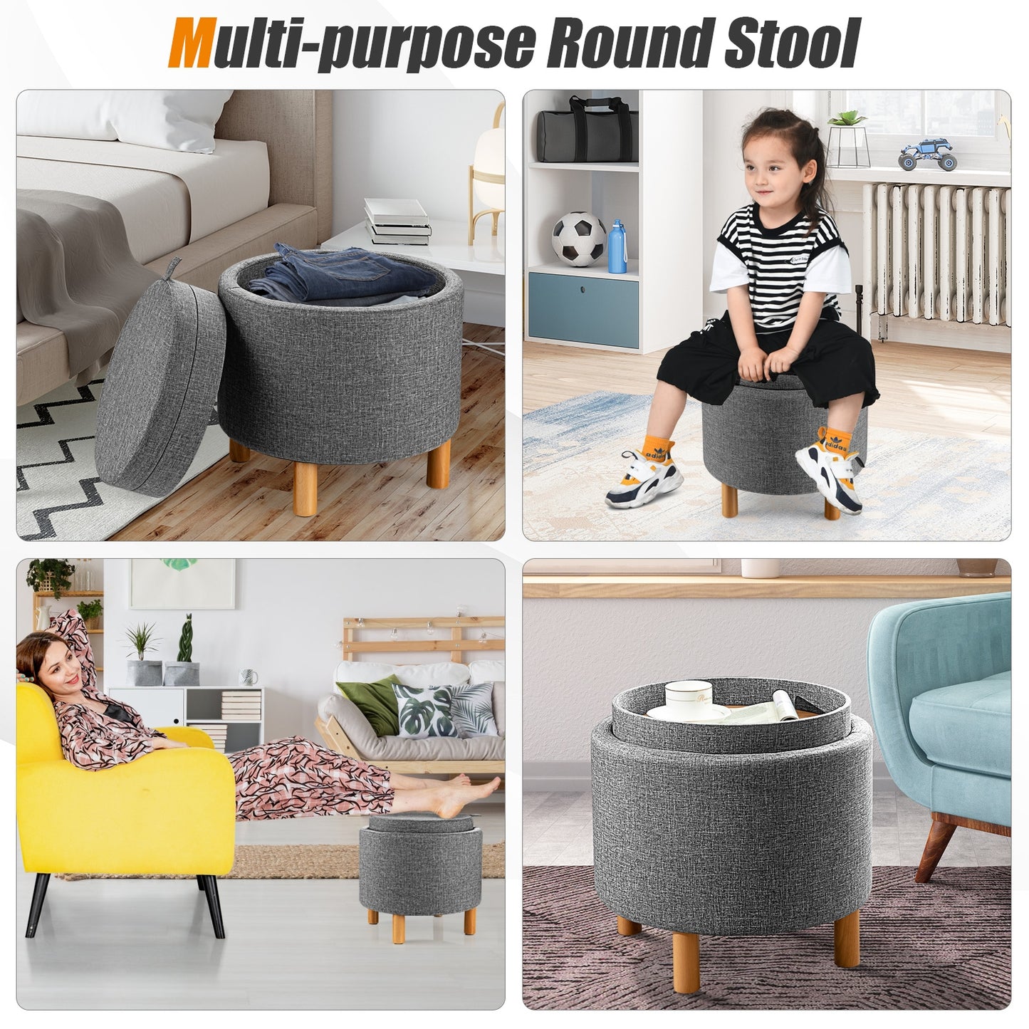 Multifunctional Round Ottoman with Storage and Tray Table Top - Grey