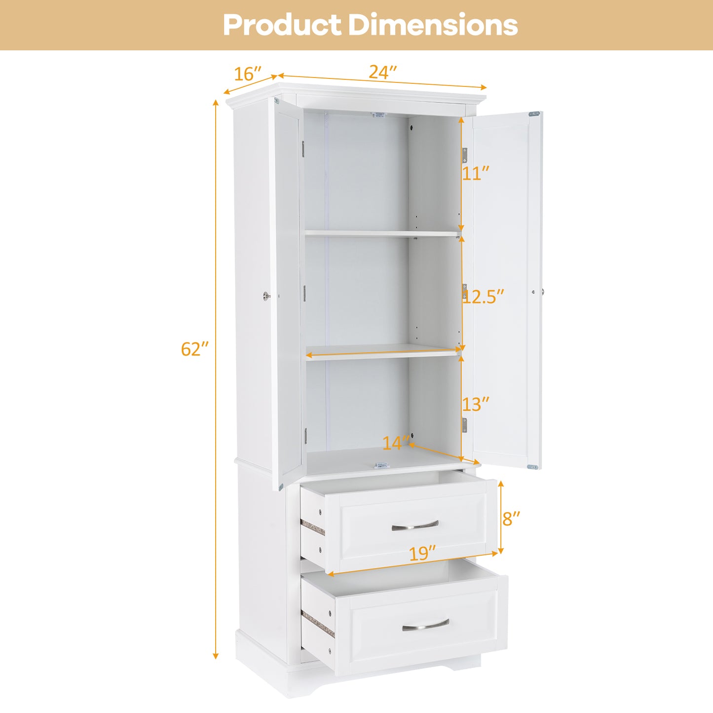 62” Freestanding Storage Cabinet with 2 Drawers, Adjustable Shelves & Anti-Tip Safety