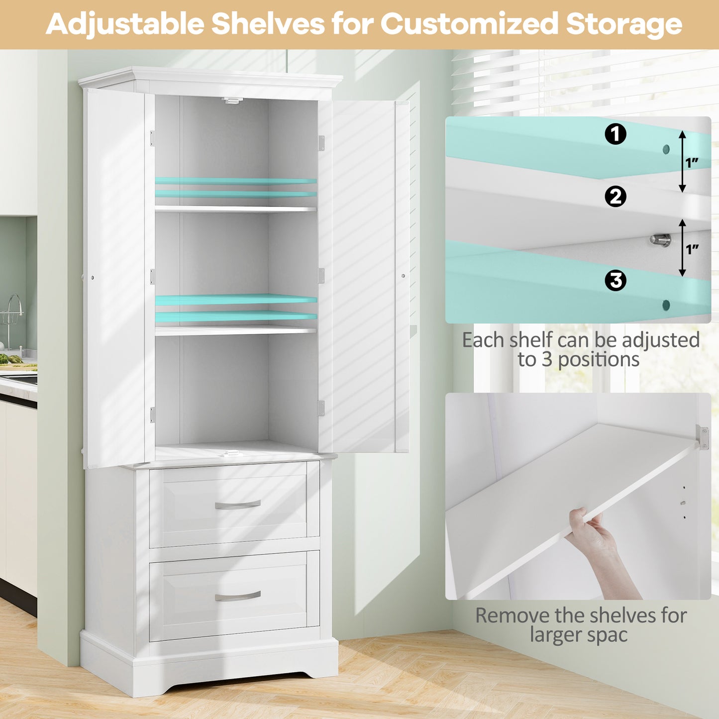 62” Freestanding Storage Cabinet with 2 Drawers, Adjustable Shelves & Anti-Tip Safety