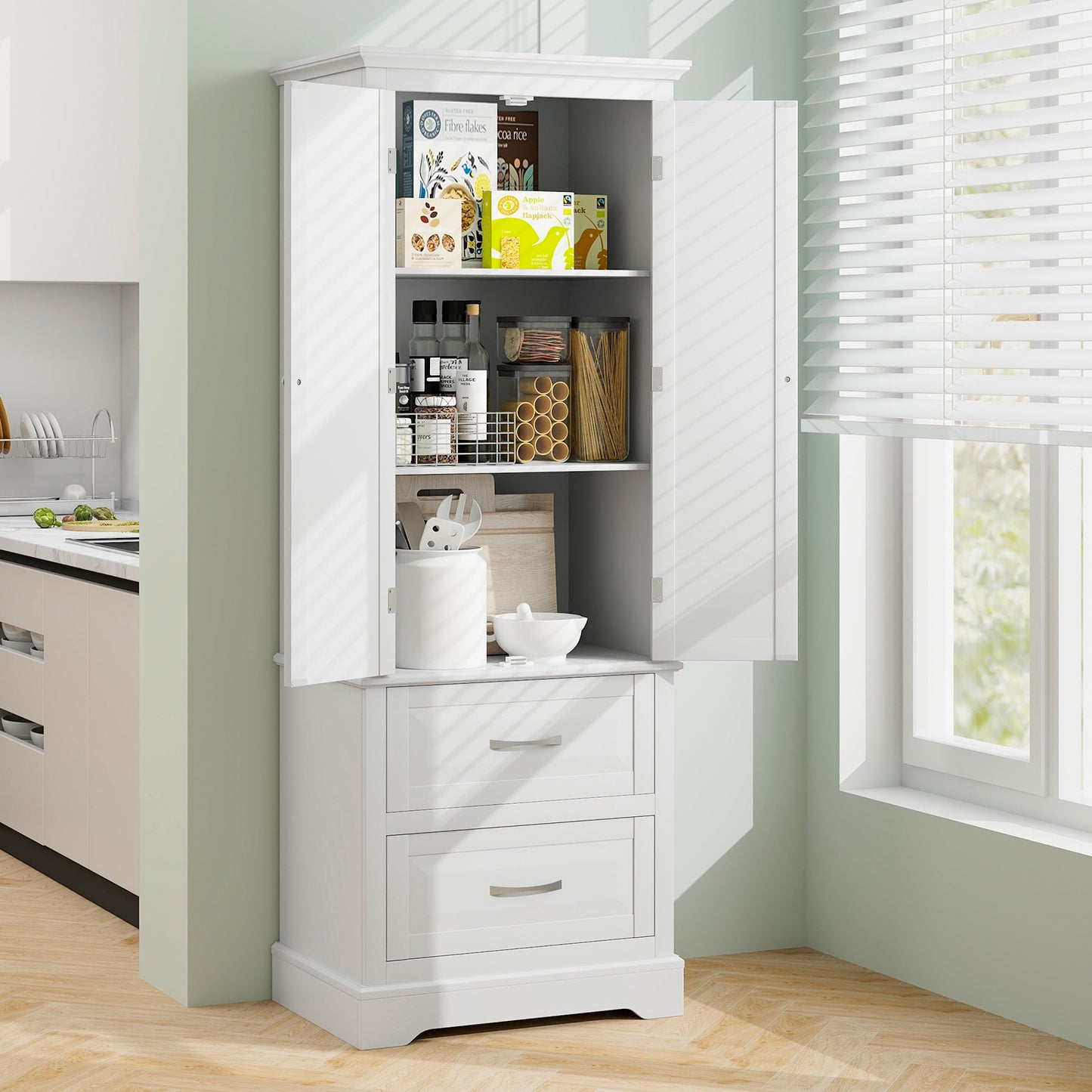 62” Freestanding Storage Cabinet with 2 Drawers, Adjustable Shelves & Anti-Tip Safety