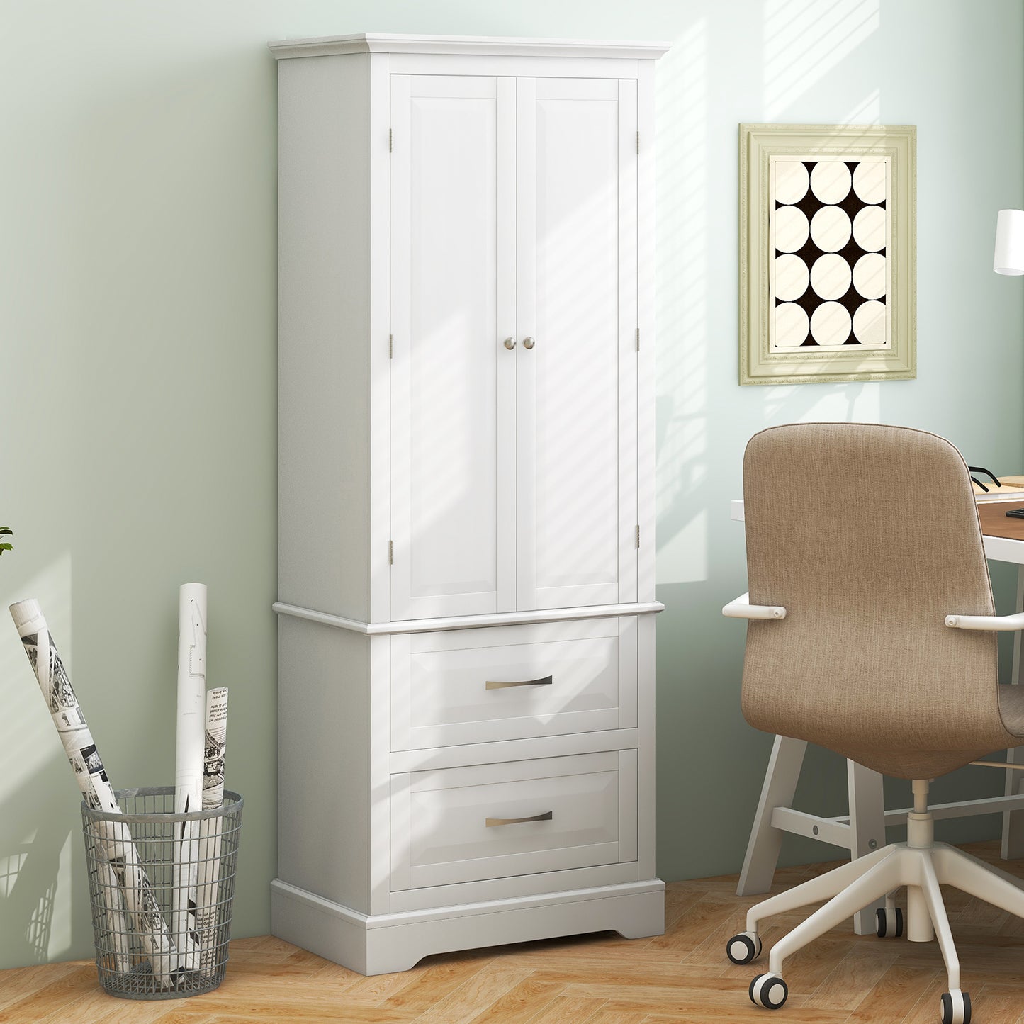 62” Freestanding Storage Cabinet with 2 Drawers, Adjustable Shelves & Anti-Tip Safety