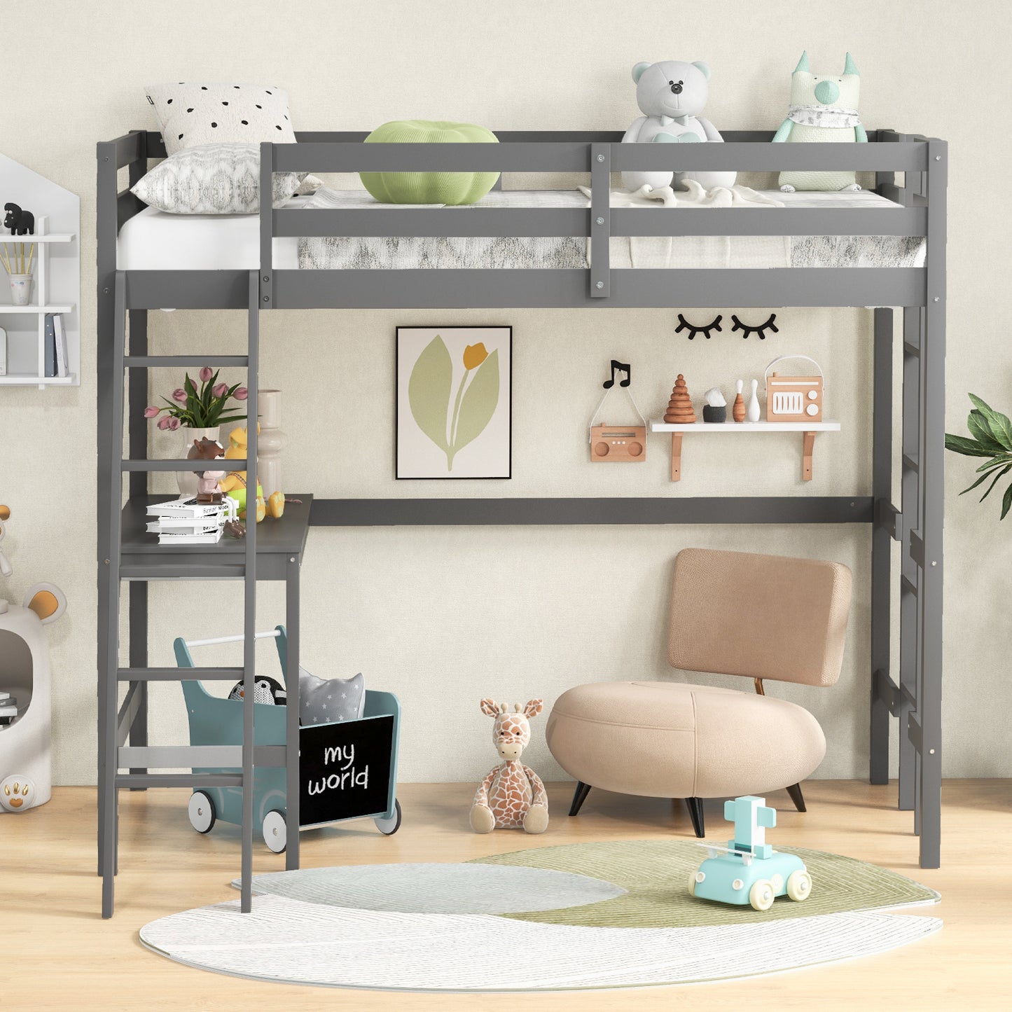 Space-Saving Twin Loft Bed with Desk, Angled Ladder, and Built-in Storage - Grey