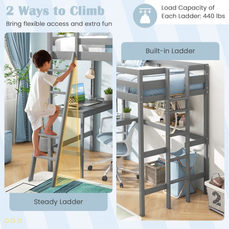 Space-Saving Twin Loft Bed with Desk, Angled Ladder, and Built-in Storage - Grey