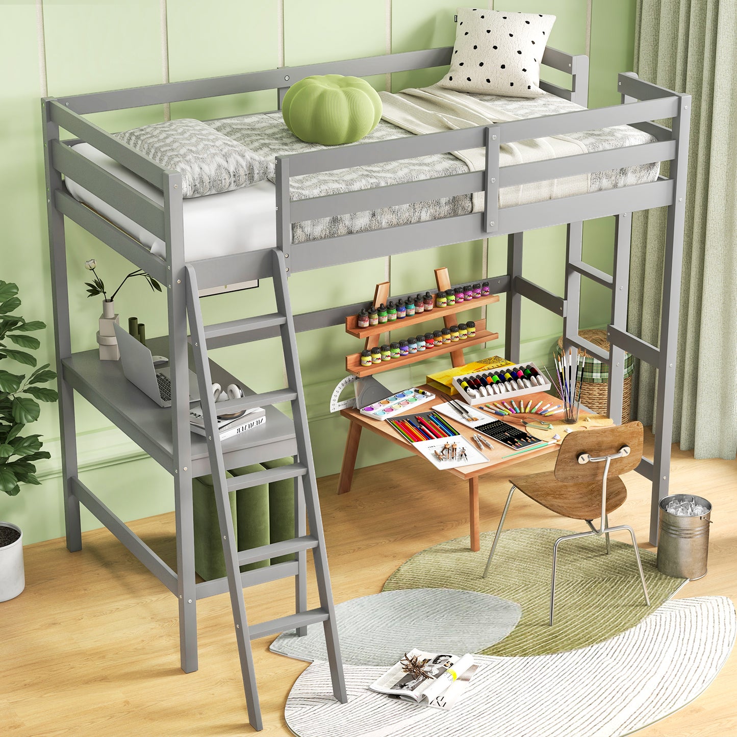 Space-Saving Twin Loft Bed with Desk, Angled Ladder, and Built-in Storage - Grey