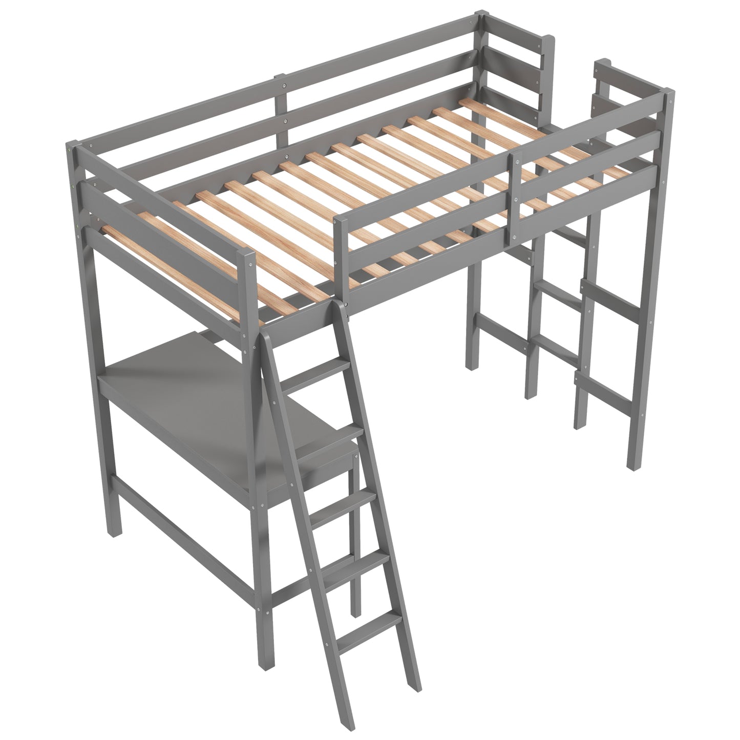 Space-Saving Twin Loft Bed with Desk, Angled Ladder, and Built-in Storage - Grey