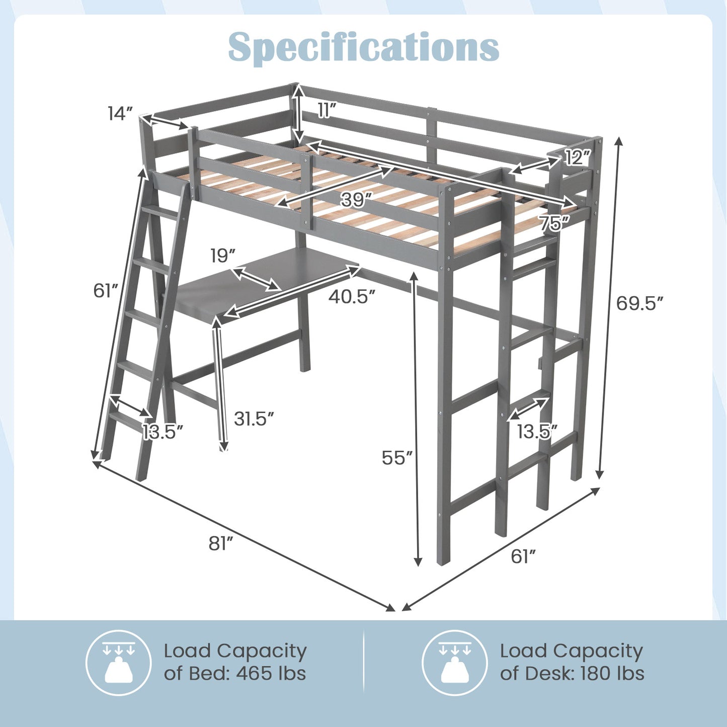 Space-Saving Twin Loft Bed with Desk, Angled Ladder, and Built-in Storage - Grey