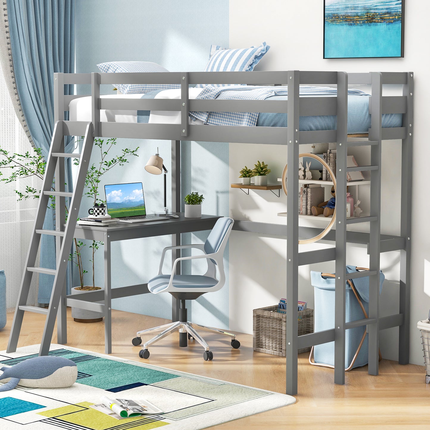 Space-Saving Twin Loft Bed with Desk, Angled Ladder, and Built-in Storage - Grey
