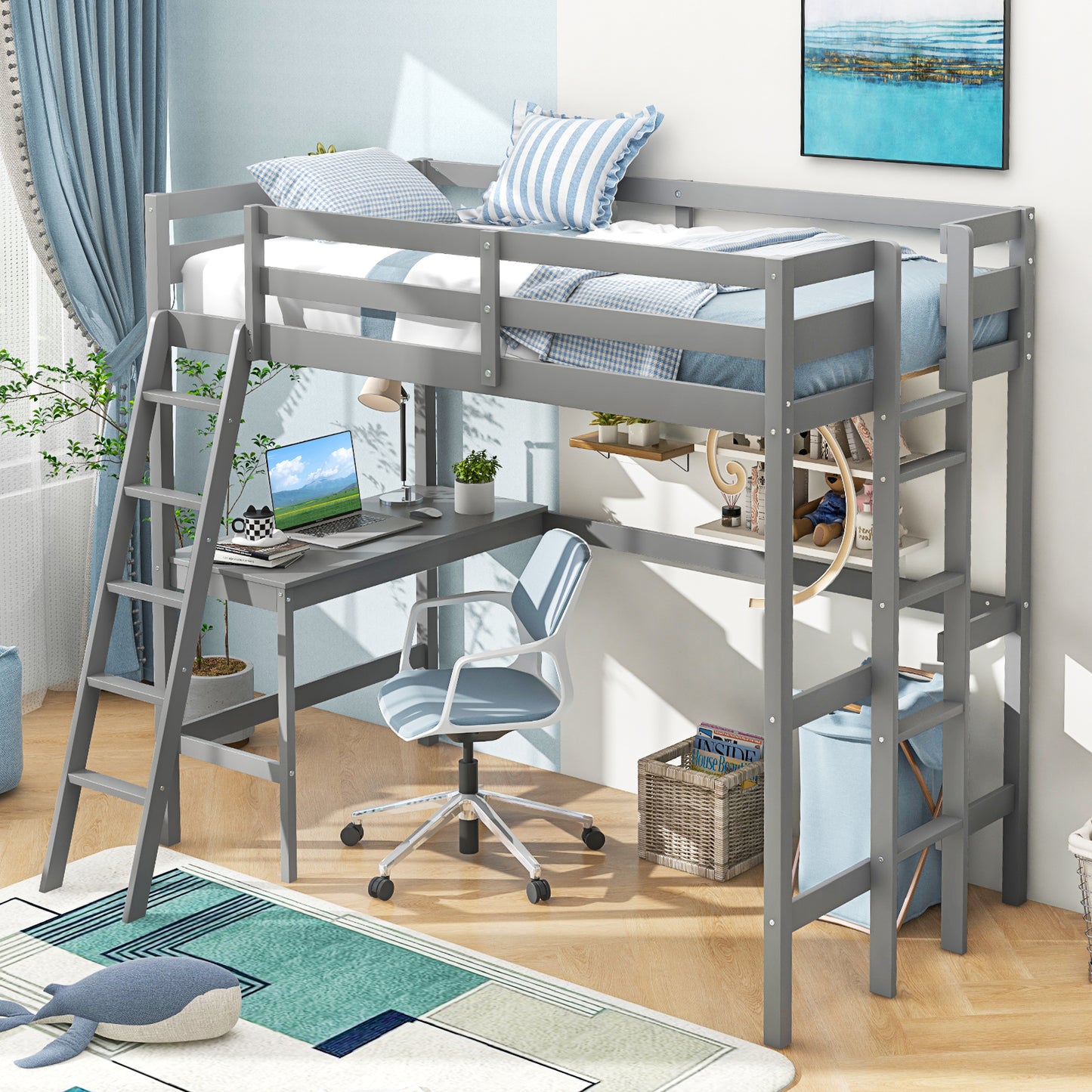 Space-Saving Twin Loft Bed with Desk, Angled Ladder, and Built-in Storage - Grey