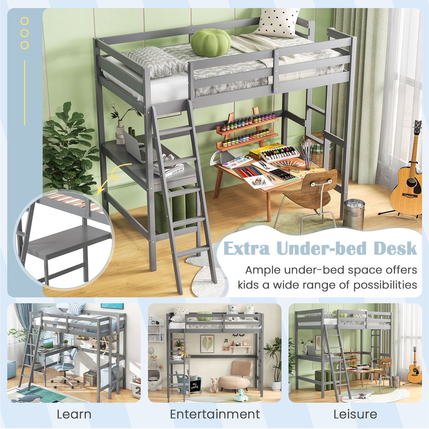 Space-Saving Twin Loft Bed with Desk, Angled Ladder, and Built-in Storage - Grey