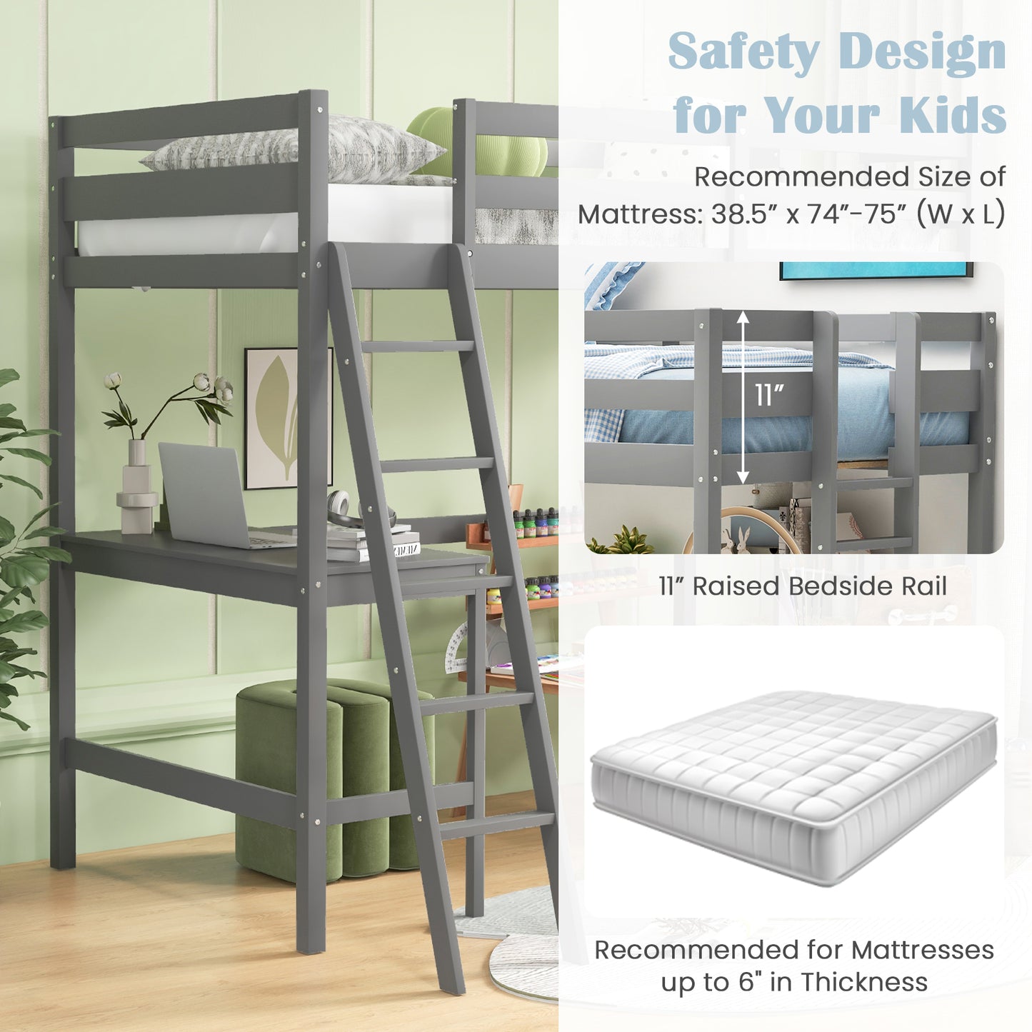 Space-Saving Twin Loft Bed with Desk, Angled Ladder, and Built-in Storage - Grey